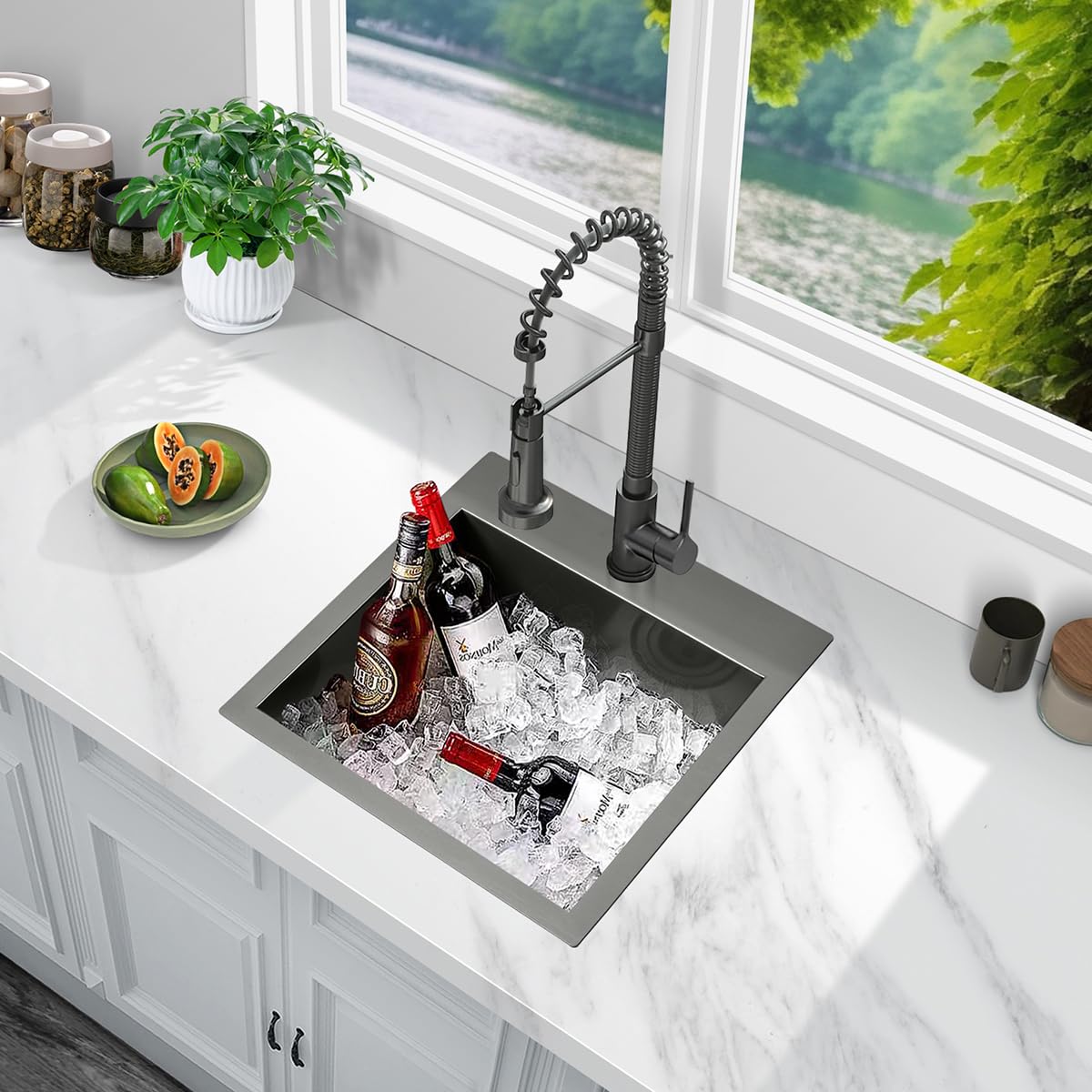 FRANIC 15" Handmade Black Bar Workstation Sink, 15" x 15" x 9" Stainless Steel Matte Nano Black Topmount Single Bowl Small Kitchen Outdoor Sink