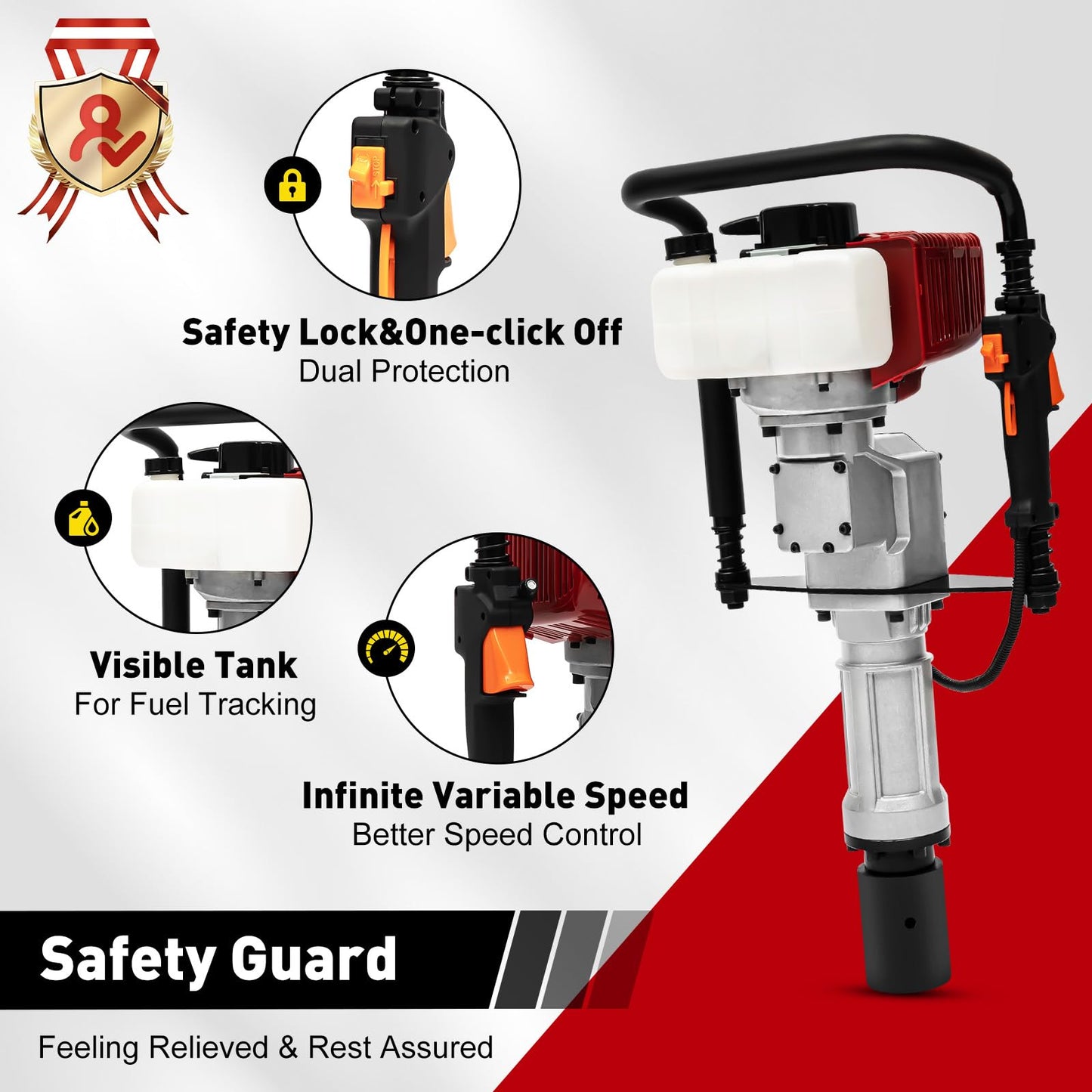 POIOKLJRE 52CC Gas Powered T Post Driver, 1900W Air-Cooled Petrol Piledriver w/Shock Absorption & 2 Socket Sizes (55/70mm), for Fencing & Solar