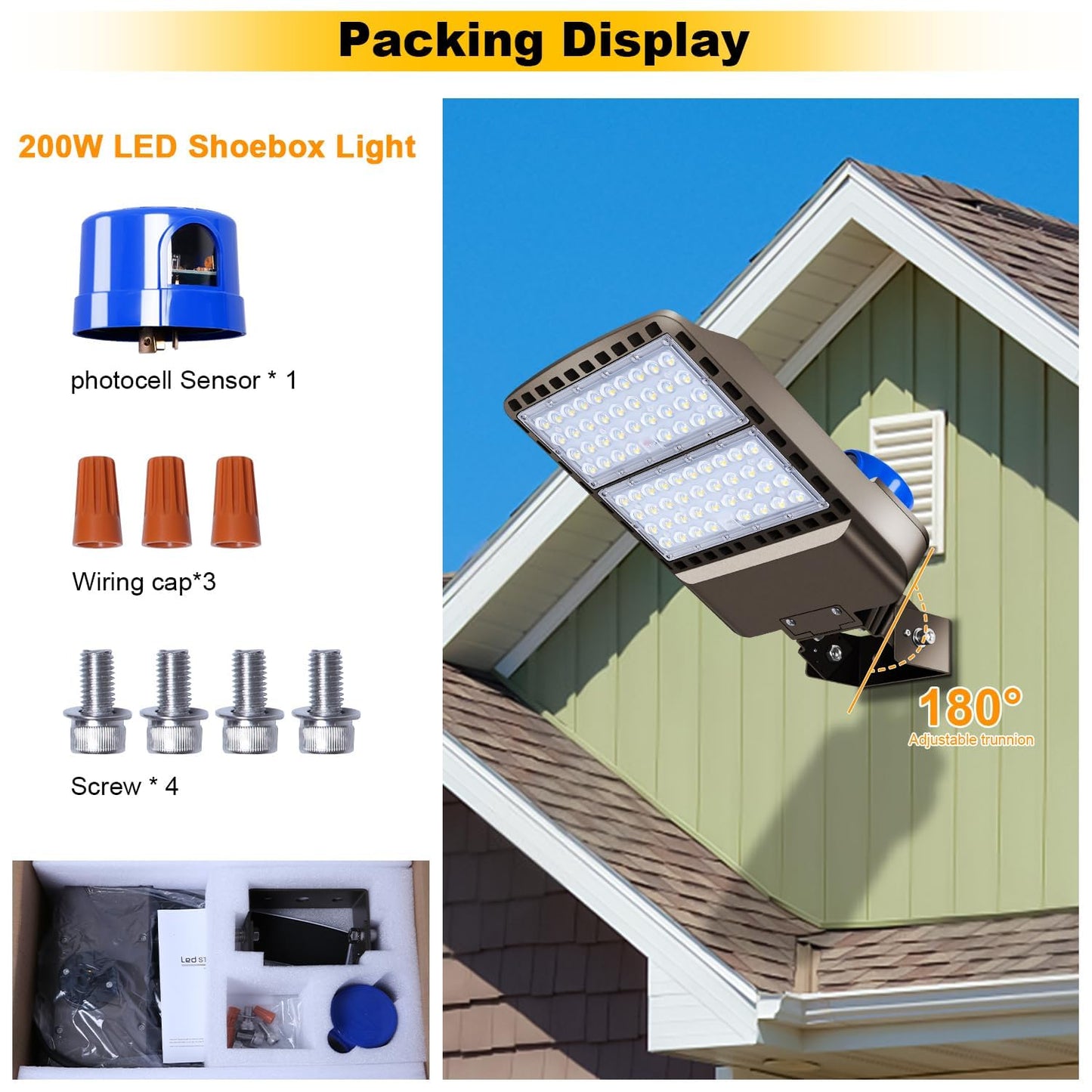 BIRITALO 200W LED Parking Lot Light Outdoor,28000LM Bright Dusk to Dawn Floodlights Trunnion Yoke Wall Mount 5500K IP65 Waterproof Commercial Shoebox Barn Security Yard,Garage,Street Light 3 Pack
