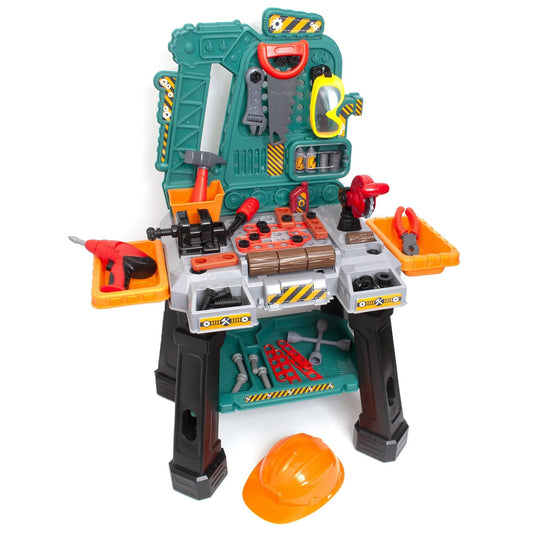 Amazon Basics Kids Workbench Construction Toy, Pretend Play Tool Set with 80 Pieces, Educational Interactive Playset, Play Helmet & Safety Goggles, for Ages 3 and Up, Multicolor, Medium