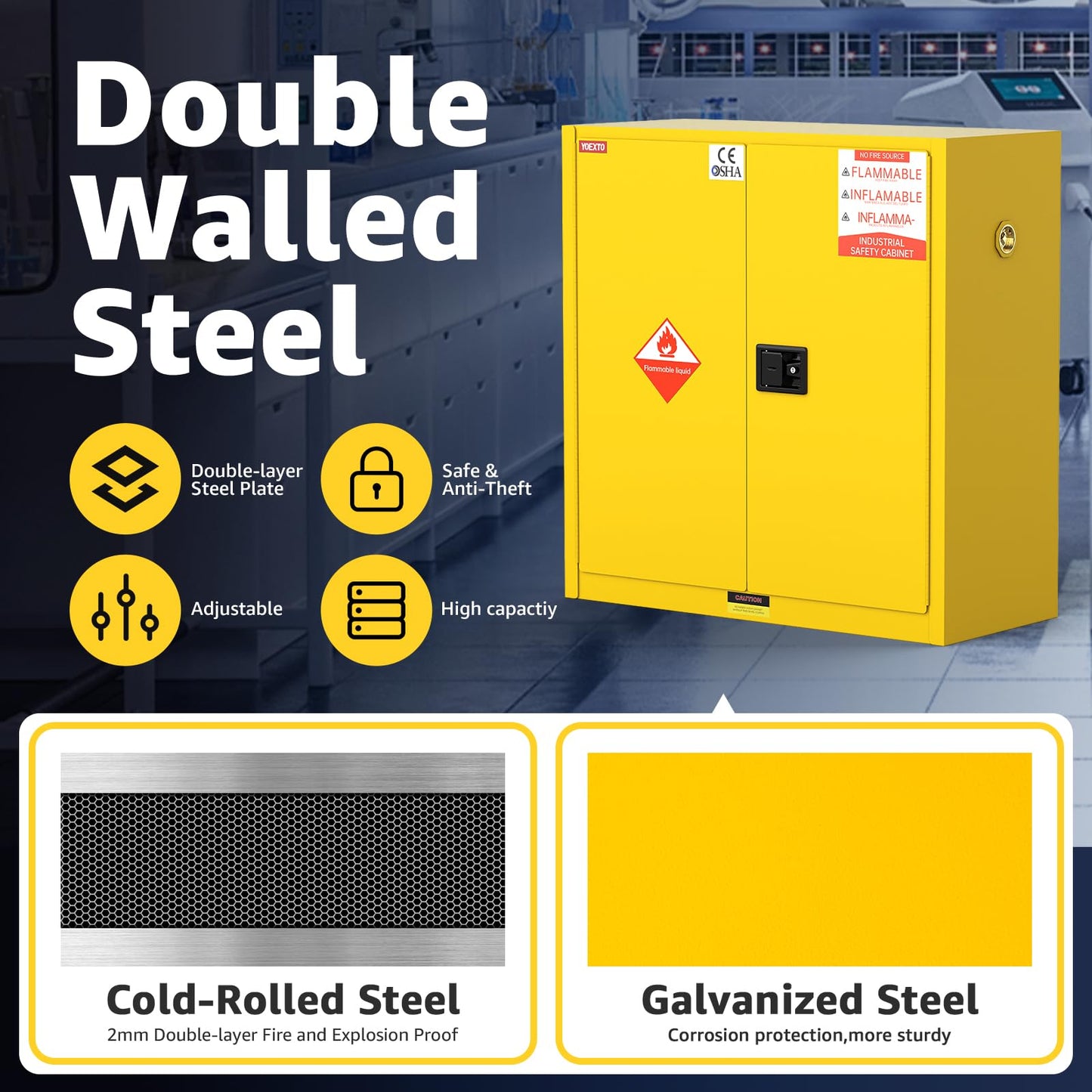 YOEXTO 45 Gallon Flammable Storage Cabinet, W 43 x D 18 x H 44 in fire Resistant Cabinet, Galvanized Steel Flammable Liquid Storage Cabinet, Chemical Fireproof Cabinet, Adjustable Shelves, Yellow
