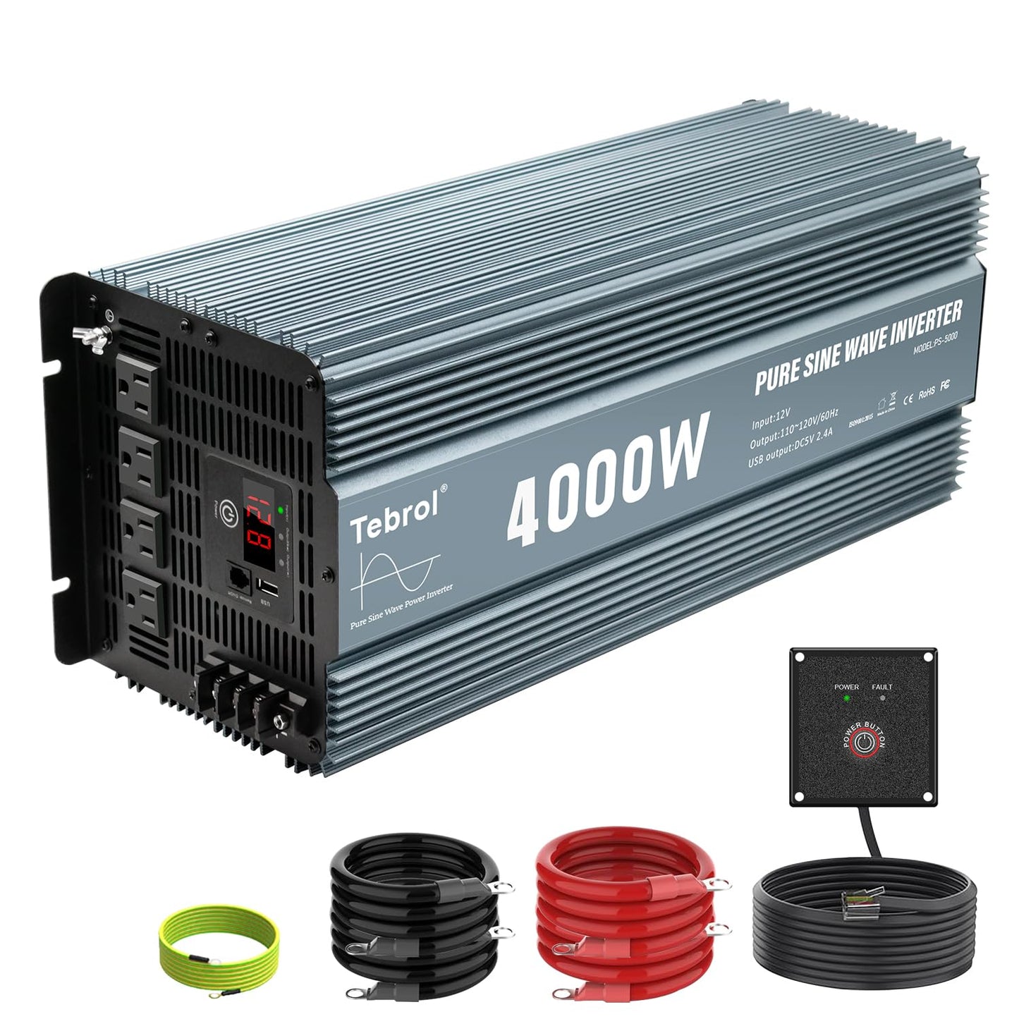4000W Pure Sine Wave Inverter 12V DC to 110V AC Converter for Home, RV, Truck, Off-Grid Solar Power Inverter with Built-in 5V/2.1A USB, AC Hardwire Port, Remote Controller