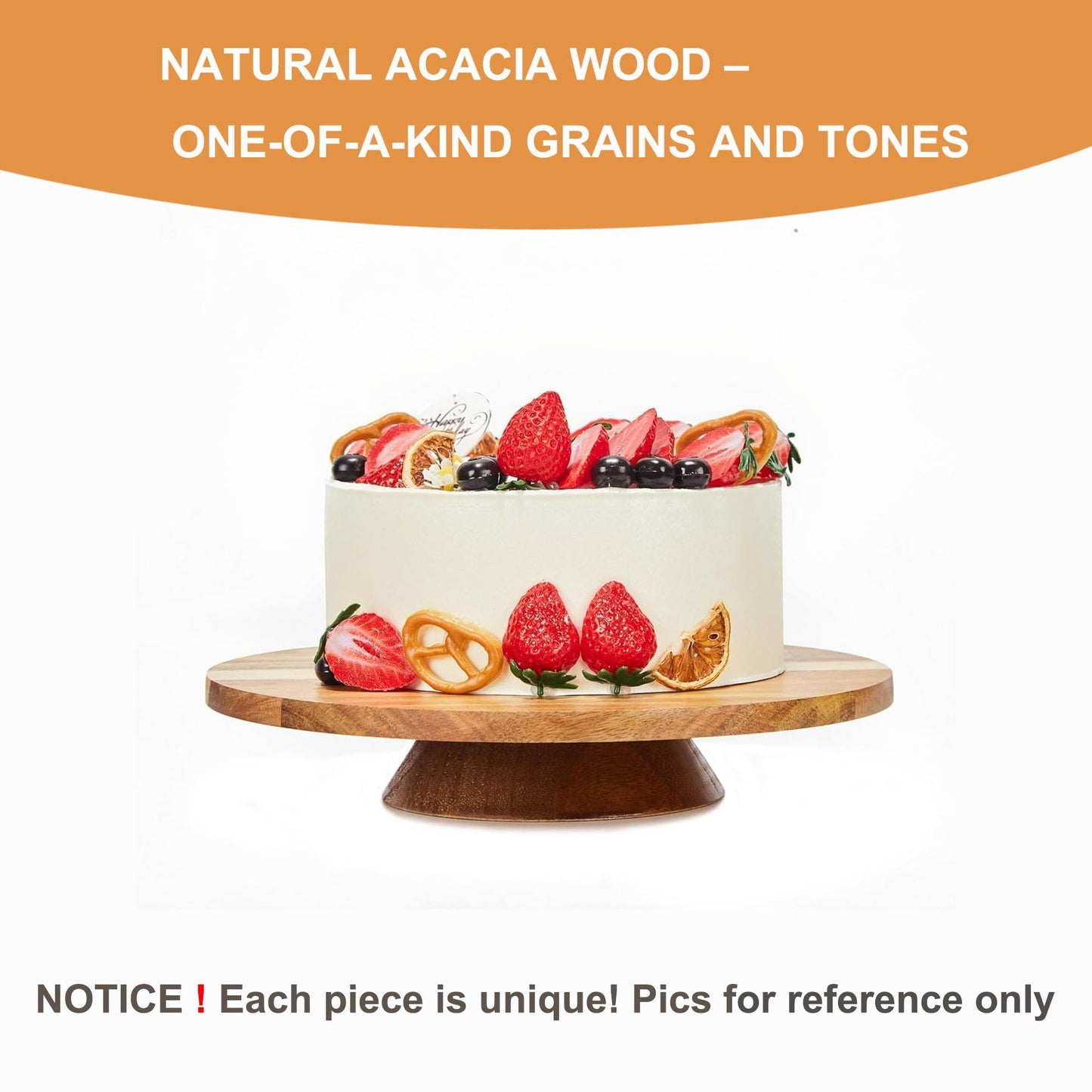 12" Acacia Wood Revolving Cake Stand, 2" High Rotating Cake Turntable with 2 Icing Spatulas, 3 Smoothers, Wooden Rotating Display Stand for Cake, Cupcake Decorating Supplies