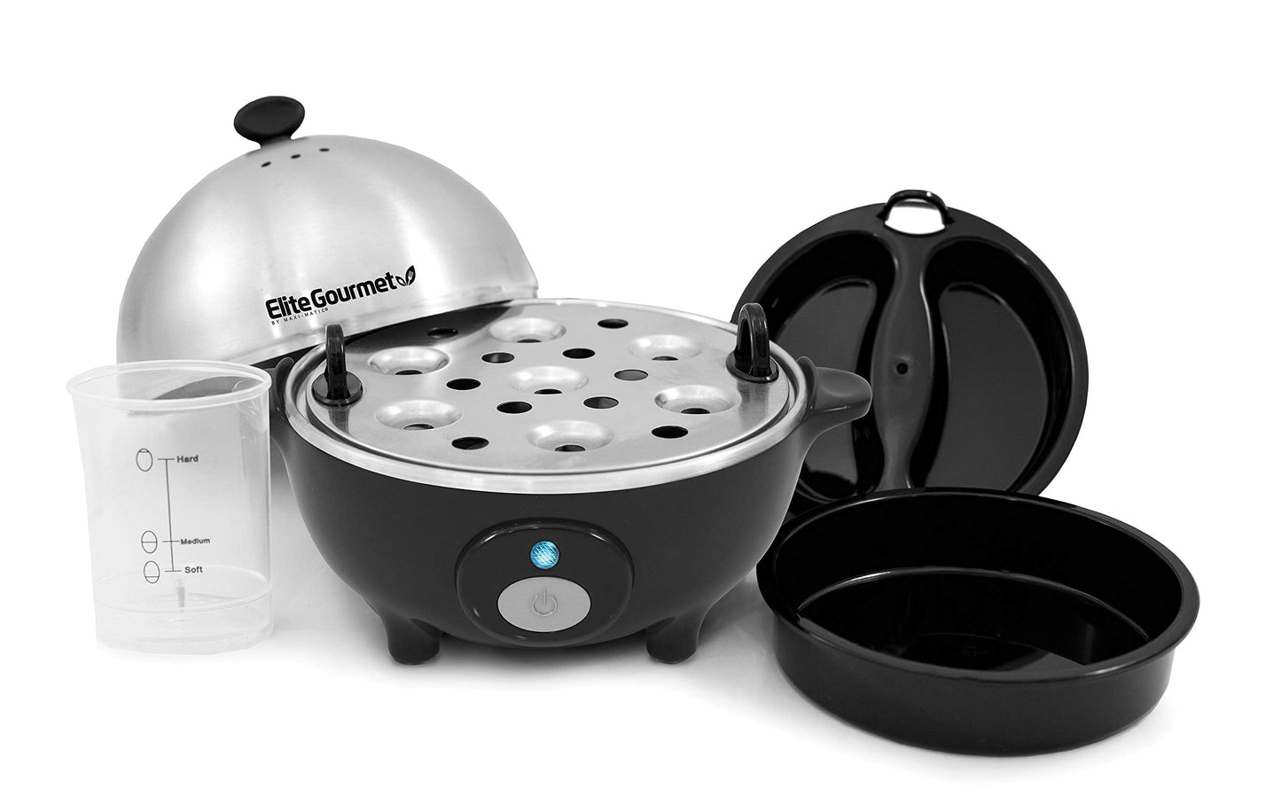 Elite Gourmet EGC-508 Rapid Egg Cooker, 7 Easy-To-Peel, Hard, Medium, Soft Boiled Eggs, Poacher, Omelet Maker, Auto Shut-Off, Alarm, 16-Recipe Booklet, Stainless Steel