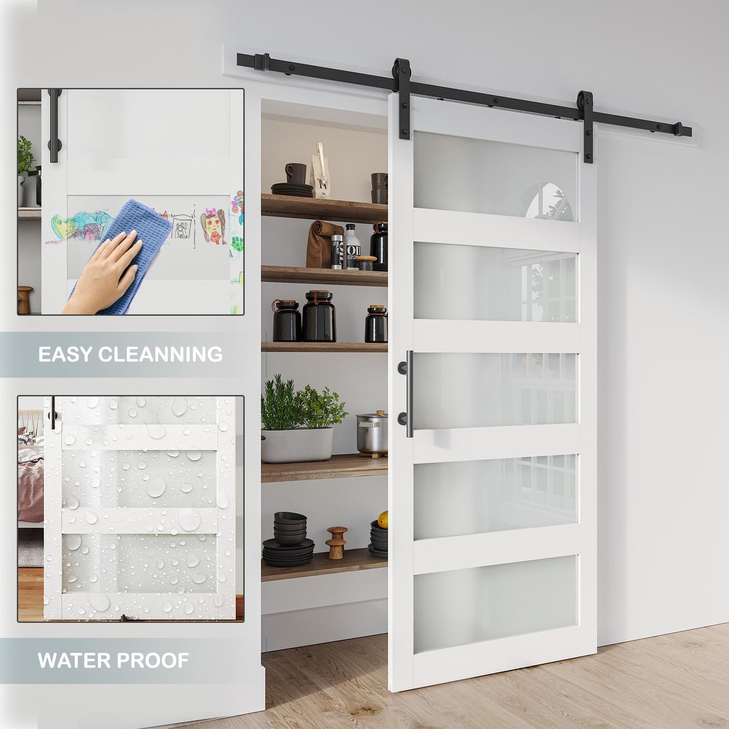 ALAMEDADT 36'' x 84'' Glass Barn Door and 6.6 Ft Hardware Kit Included, MDF White Barn Door Slab with Frosted Glass, PVC Surface, Combined with Handle and Floor Guide-Assembly Required, White