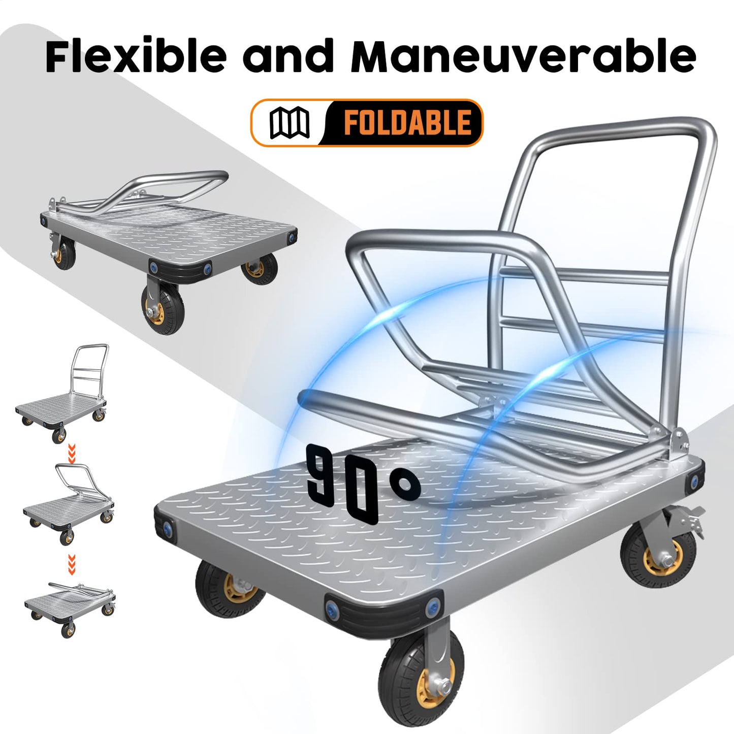 Heavy Duty Platform Truck Flat Moving Cart Hand Trucks,2000Lbs Steel Push Cart Dolly, 36 x 24in Large Flatbed with 5'' 360 Degree Swivel Wheels for Easy Storage