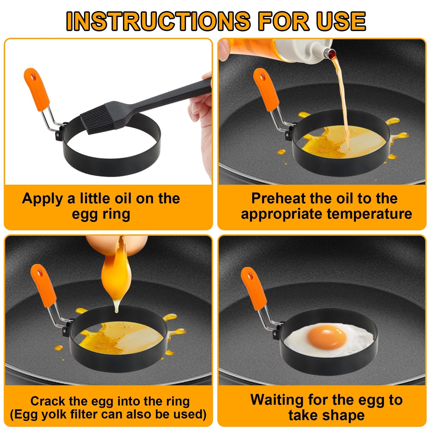 Egg Ring Pancake Ring Set 6 Pcs Stainless Steel Fried Egg Circles Pancake Shapers with Silicone Handle for Griddle Cooking Shaper Indoor Camping Breakfast Omelette Sandwich (4, 6 Inch)