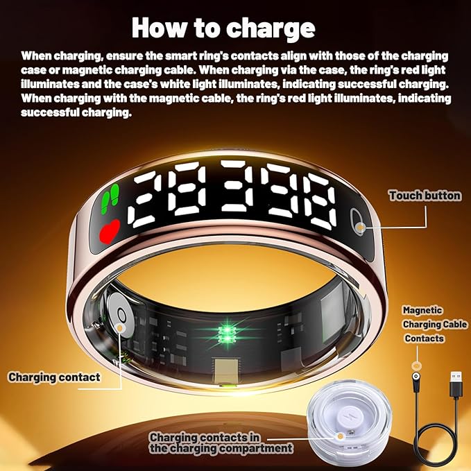 Smart Health Ring for Women Men, Smart Ring Fitness Tracker for iOS Android, Heart Rate, Blood Oxygen, Blood Pressure, Sleep Monitoring,5ATM Waterproof, No Subscription Fee (Gold, 10#)