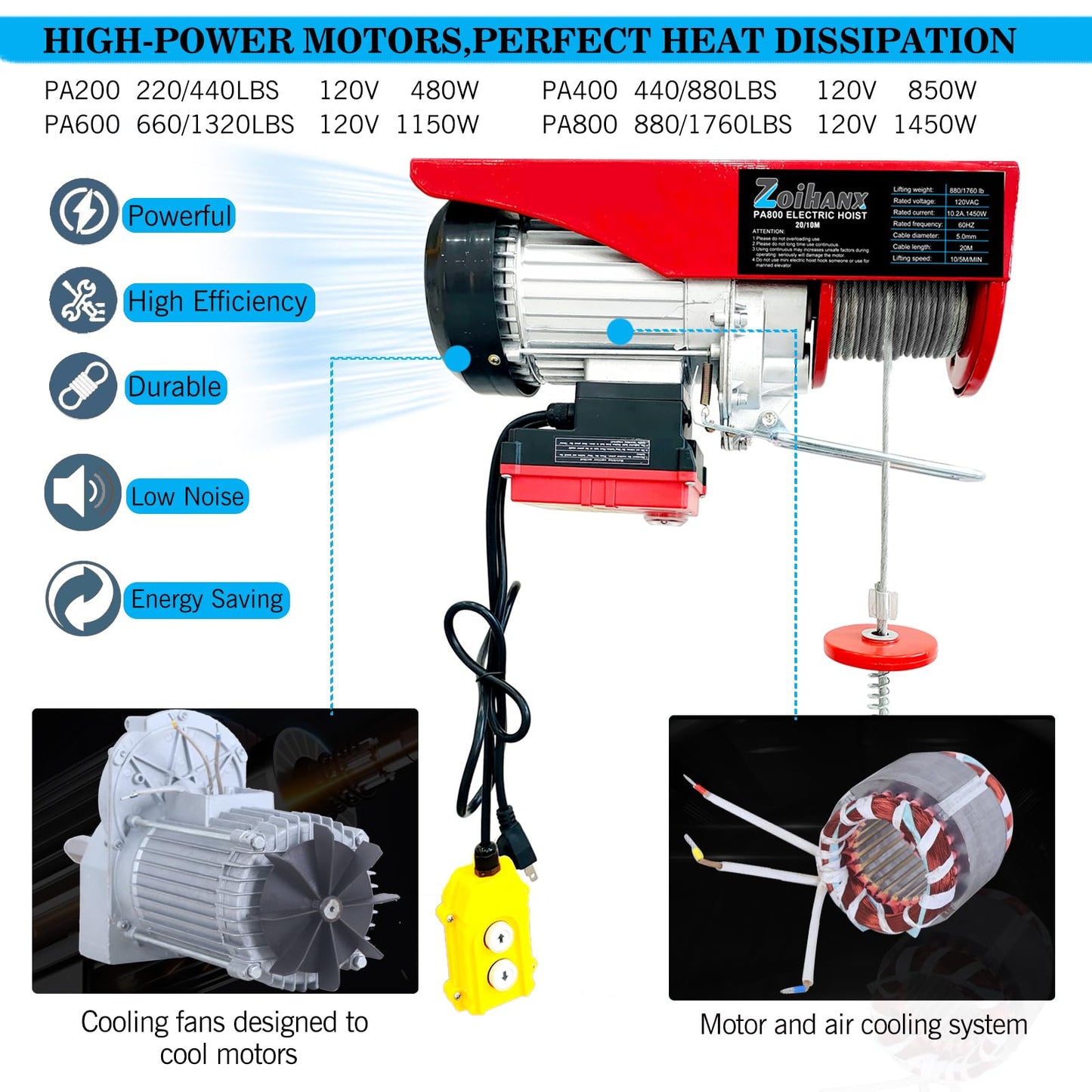 Electric Hoist Winch, 880 lbs 120V Electric Hoist with Remote Control,16ft/33ft Lifting Speed,328ft Wireless/Wire Electric Hoist for Garage,Warehouse,Factory,Construction Site, Attic