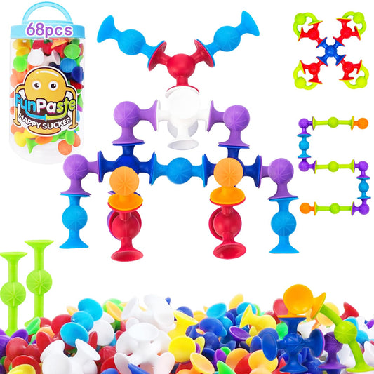 68 Piece Suction Cup Toys Bath Toys, Construction Set Silicone Building Blocks Stocking Stuffers DIY Blocks Sucker Toy Bathtub Toys, Sensory Toy for Toddlers 3-8 Year Old Boys Girls