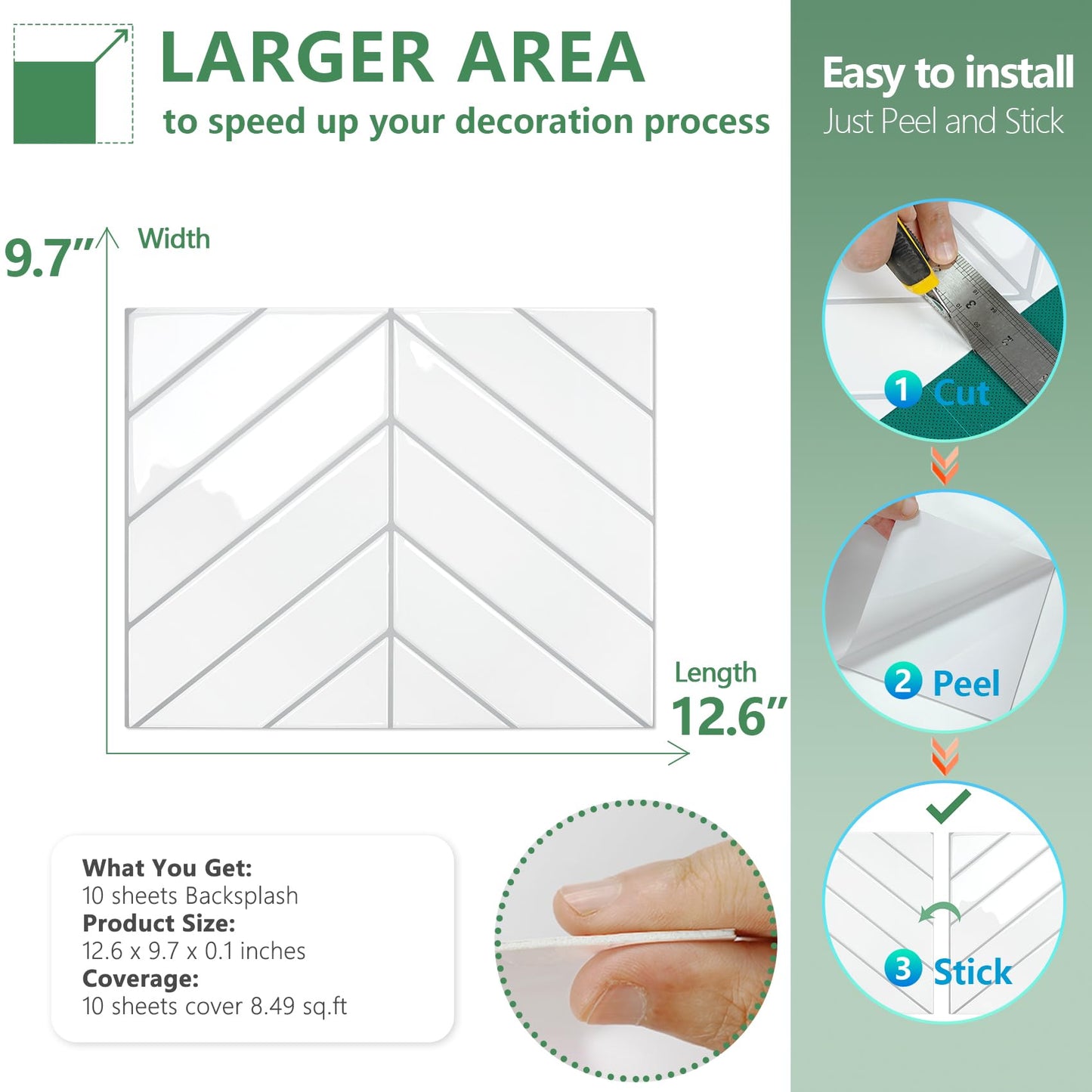 STICKGOO 10 Sheets Thicker Herringbone Peel and Stick Backsplash, 12.6”×9.7” Stick on Wall Tiles, Self Adhesive Tile Sticker for Kitchen Backsplash and Bathroom, White with Grey Grout
