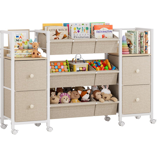 Kids Toy Organizers and Storage Bins - 7 Storage Bins + 4 Fabric Drawers + 2 Bookshelf, Playroom Storage, Mobile Cart Organizer for Toy, Clothes, Blankets and Books - Off White