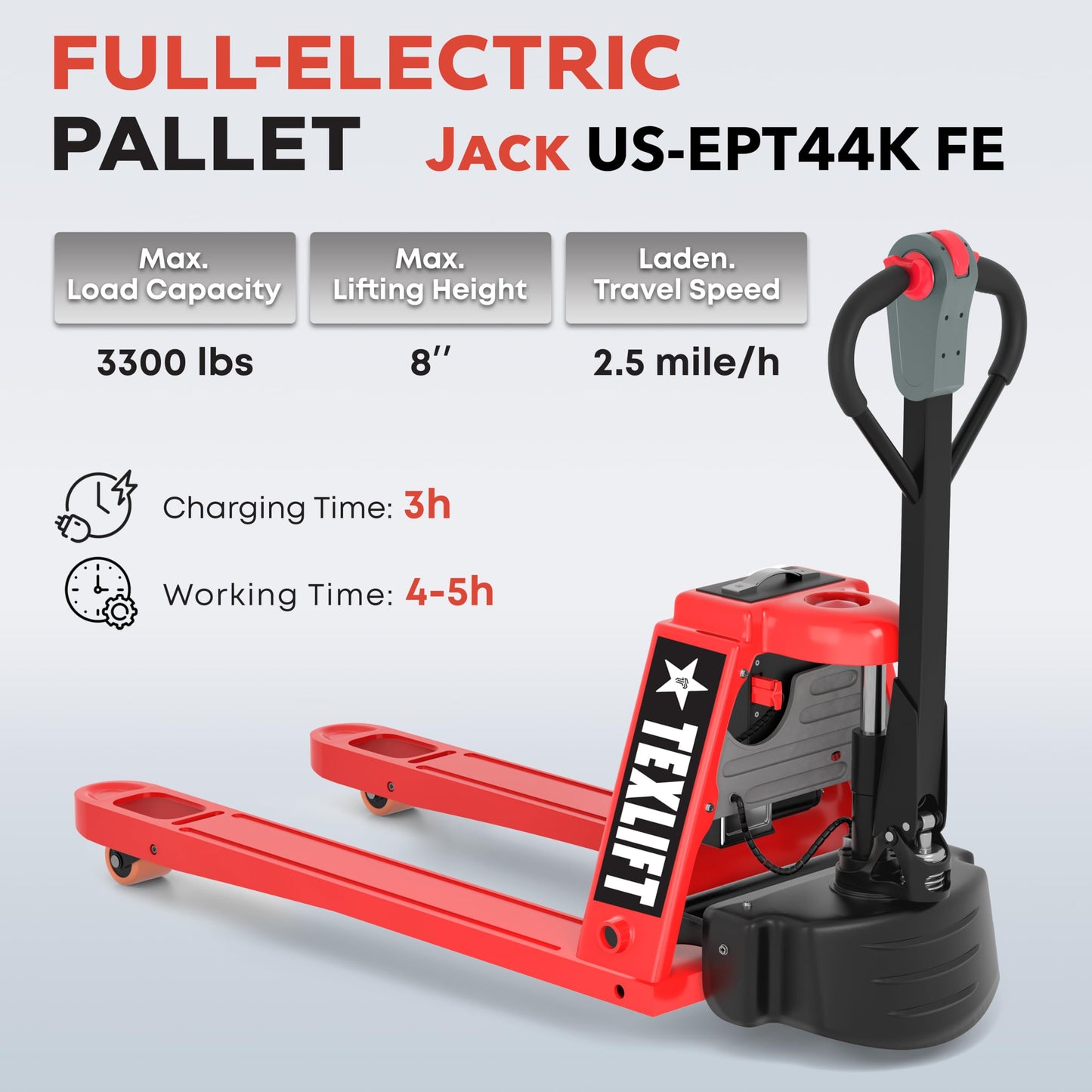 TEXLIFT Full Electric Power Pallet Jack – Standard Duty Pallet Truck 4400 Lb Capacity, 48” L x 27” W Fork Size, Plug-in 48V/15A Lithium Battery – Max Lift Height 7.8 Inch - (US-EPT44K-FE)