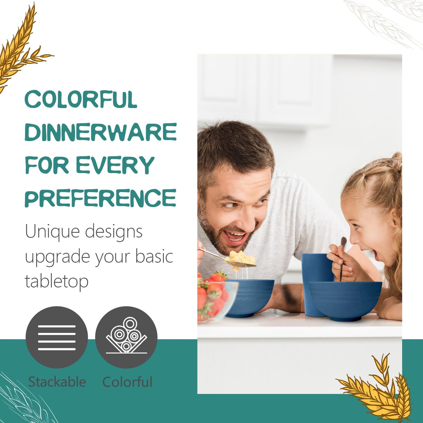 Teivio 32-Piece Kitchen Plastic Wheat Straw Dinnerware Set, Service for 8, Dinner Plates, Dessert Plate, Cereal Bowls, Cups, Unbreakable Colorful Plastic Outdoor Camping Dishes, Autumn Blue