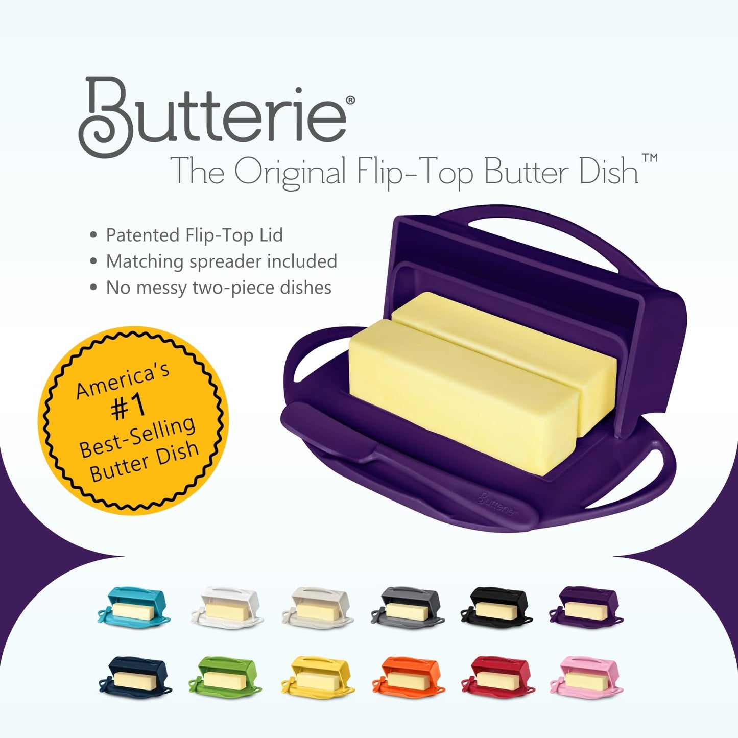Butterie Flip Top Butter Dish with Attached Lid & Matching Knife - Holds 2 Sticks, Fits Kerrygold/European Butter - BPA Free & Dishwasher Safe - Purple