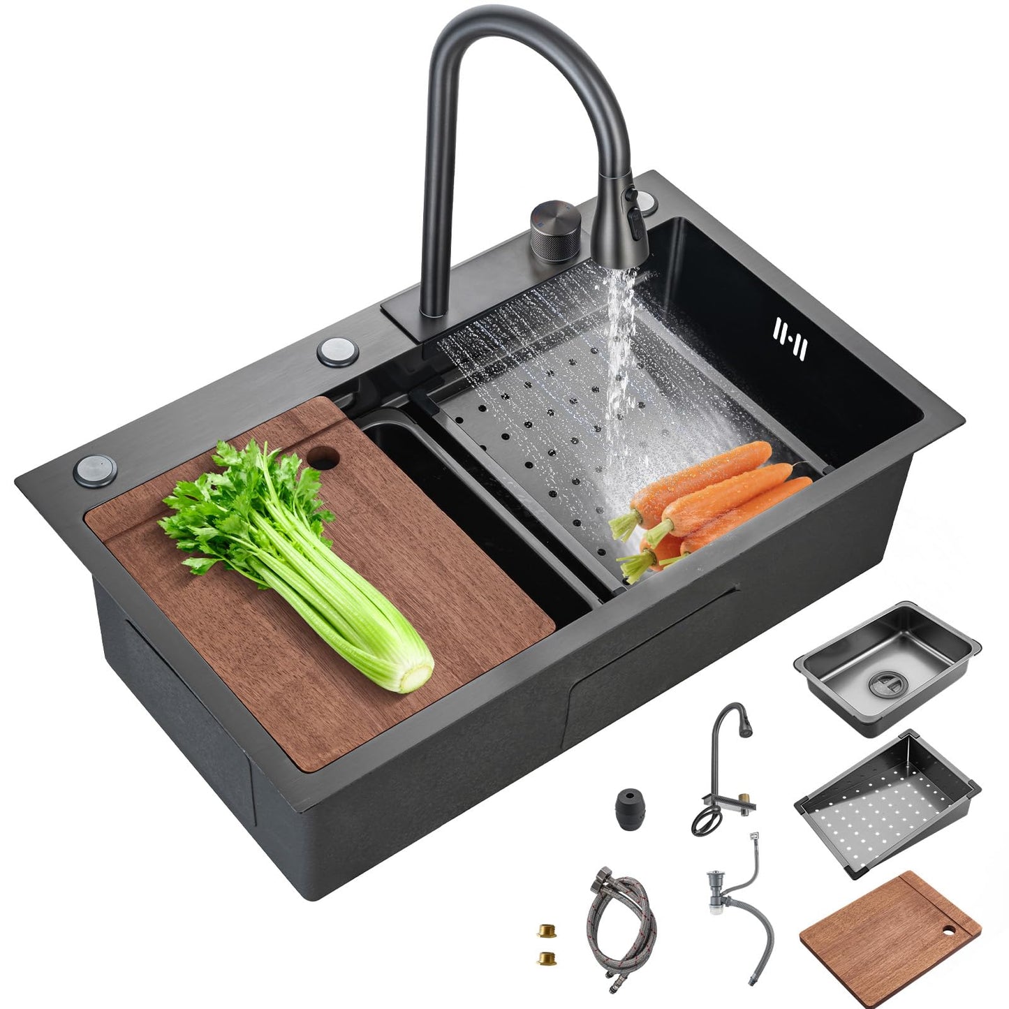 30Inch Kitchen Sink with Faucet Combo Waterfall Black Stainless Steel Waterfall Sink Kitchen Countertop Multi-Functional Sinks Farmhouse Undermount or Countertop Drop in