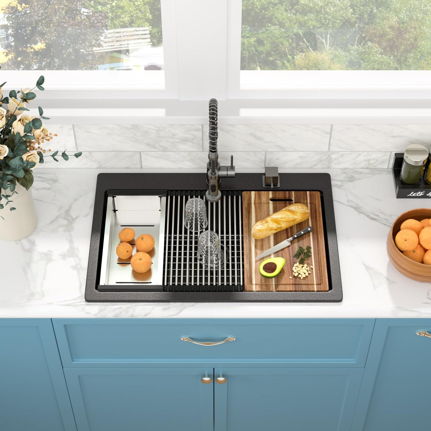 Sarlai Granite Composite Kitchen Sink - 33"x22" Drop In Kitchen Sink Matte Black Ledge 33 Inch Workstation Granite Quartz Composite Top-Mount Single Bowl Sinks Basin with Accessories