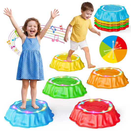 Flooyes Stepping Stones for Kids, 5PCS Light Up & Music Non-Slip Stepping Stones, Sensory Toys for Toddler Balance & Coordination Skills, Indoor & Outdoor Toys for Toddlers Ages 3-5