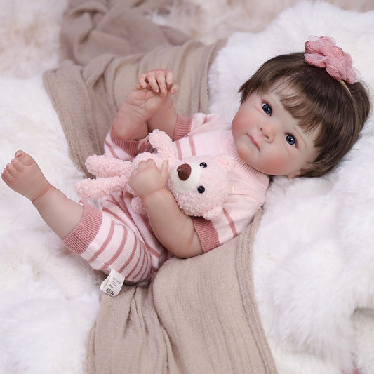 Tookyhill Baby Doll, 18 Inch Realistic Reborn Baby Doll, Weighted Soft Vinyl Body, Poseable Lifelike Newborn Doll with Outfit & Plush Bear Accessory, Gift Set for Kids Age 3+ , Pretend Play (Brown)