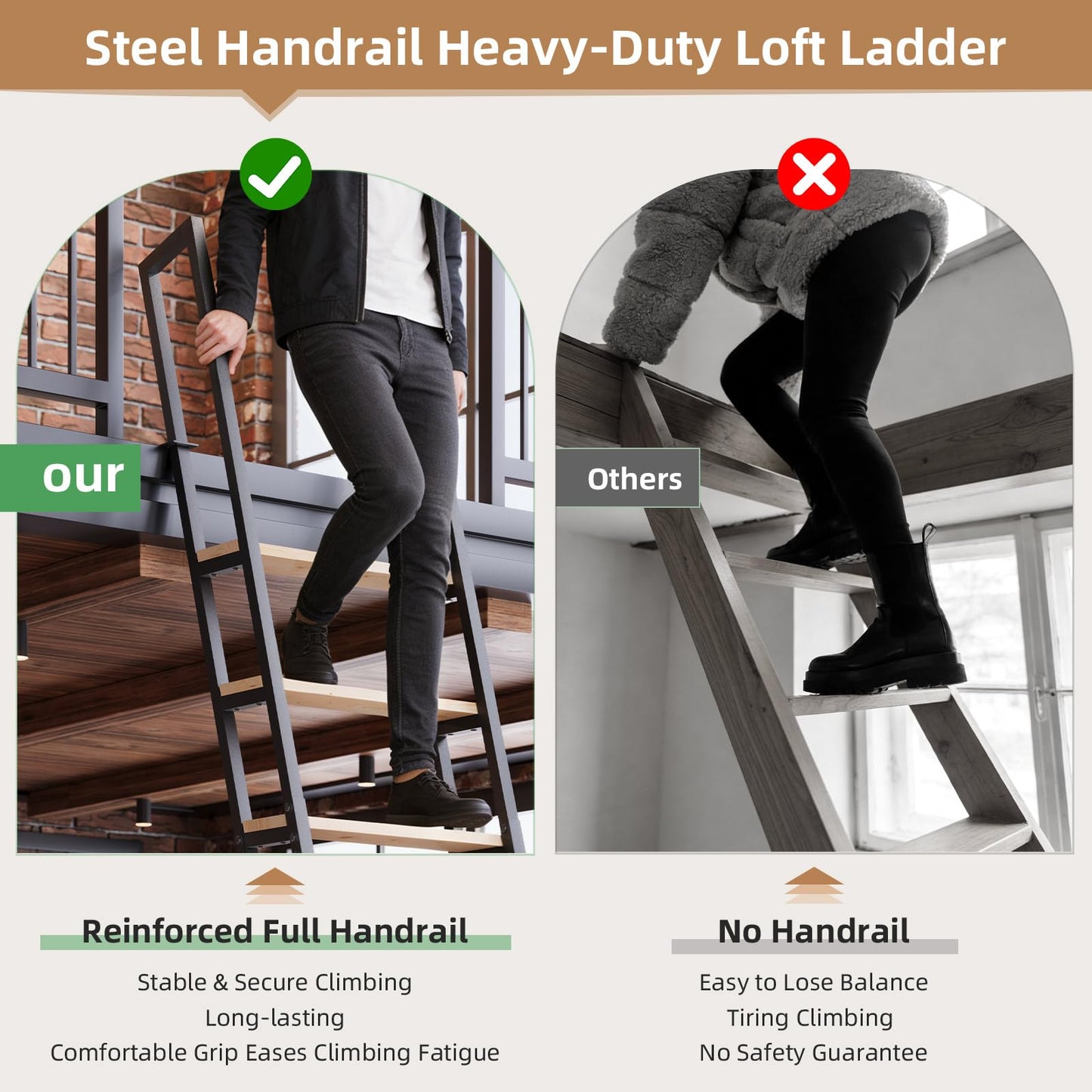 10.35FT Industrial Style Loft Ladder, 8 Steps with Black Steel Handrails & Solid Wood Steps, 450lbs Capacity, Fits 8.2-9FT Installation Height,for Attic, Kitchen, Warehouse, Bookshelf& Outdoor