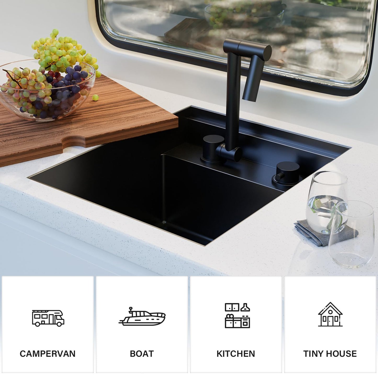 TORVA RV Kitchen Sink, 15 x 18 x 9 Inch Undermount Bar Sink 16 Gauge Stainless Steel Single Bowl Workstation Sink with Faucet Cutting Board, Dark Grey