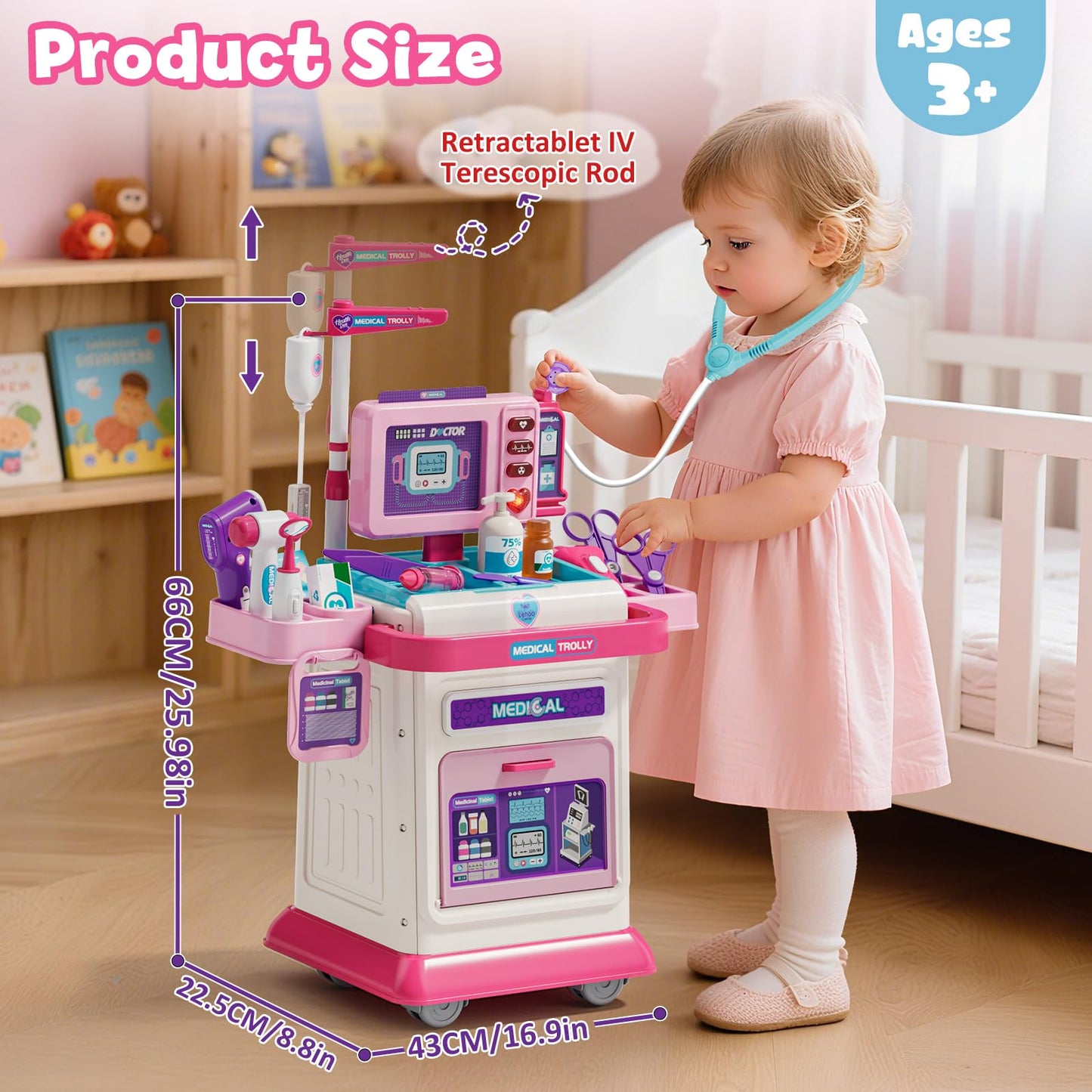 Lehoo Castle Doctor Kit for Toddlers 3-5 Pink, Gifts for Girls 2-4 Years Old, Kids Doctors Play Set, Mobile Cart with Lights and Sound, Toys for Girls 3+ 4 5 Years Old, Christmas