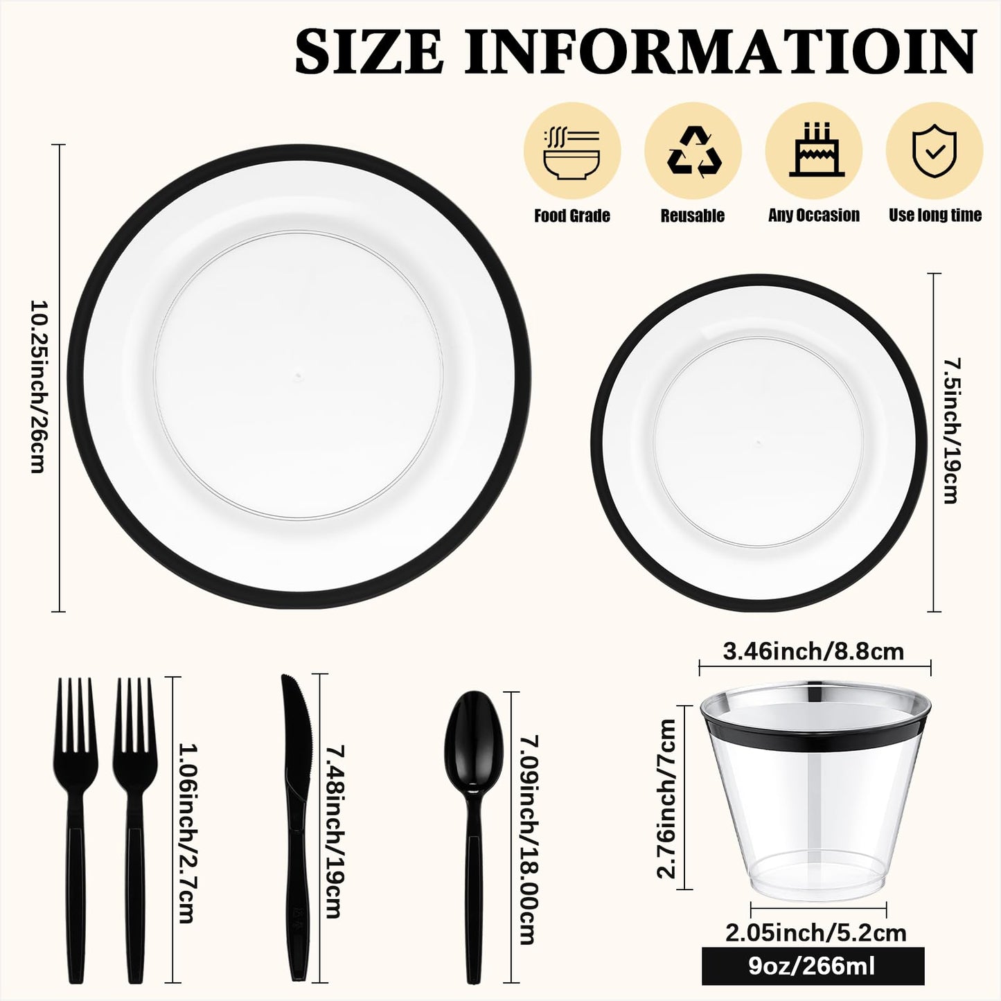 Norme 500 Pcs Disposable Plastic Dinnerware Set for 100 Guests, Disposable Dinnerware Set for Birthday Wedding Party of 100 Plastic Plates, 100 Plastic Cups, 100 Spoons, 100 Forks, 100 Knives(Black)