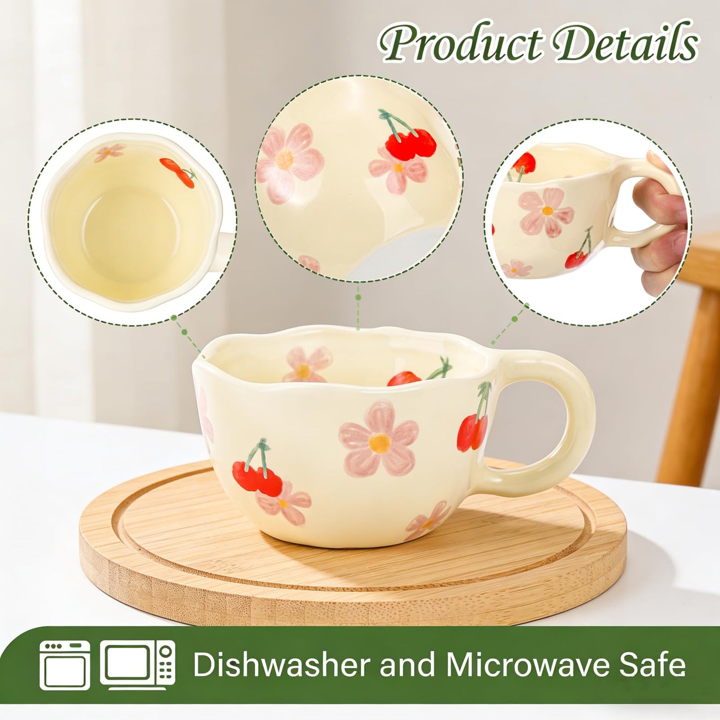 Yopay 2 Pack Ceramic Coffee Mug with Spoon, 8oz Handmade Hot Chocolate Mugs, Cute Cup for Girl Microwave Safe, Aesthetic Tea Milk Cup with Handle for Latte, Cocoa, Gift, Mom(Cherry flower)