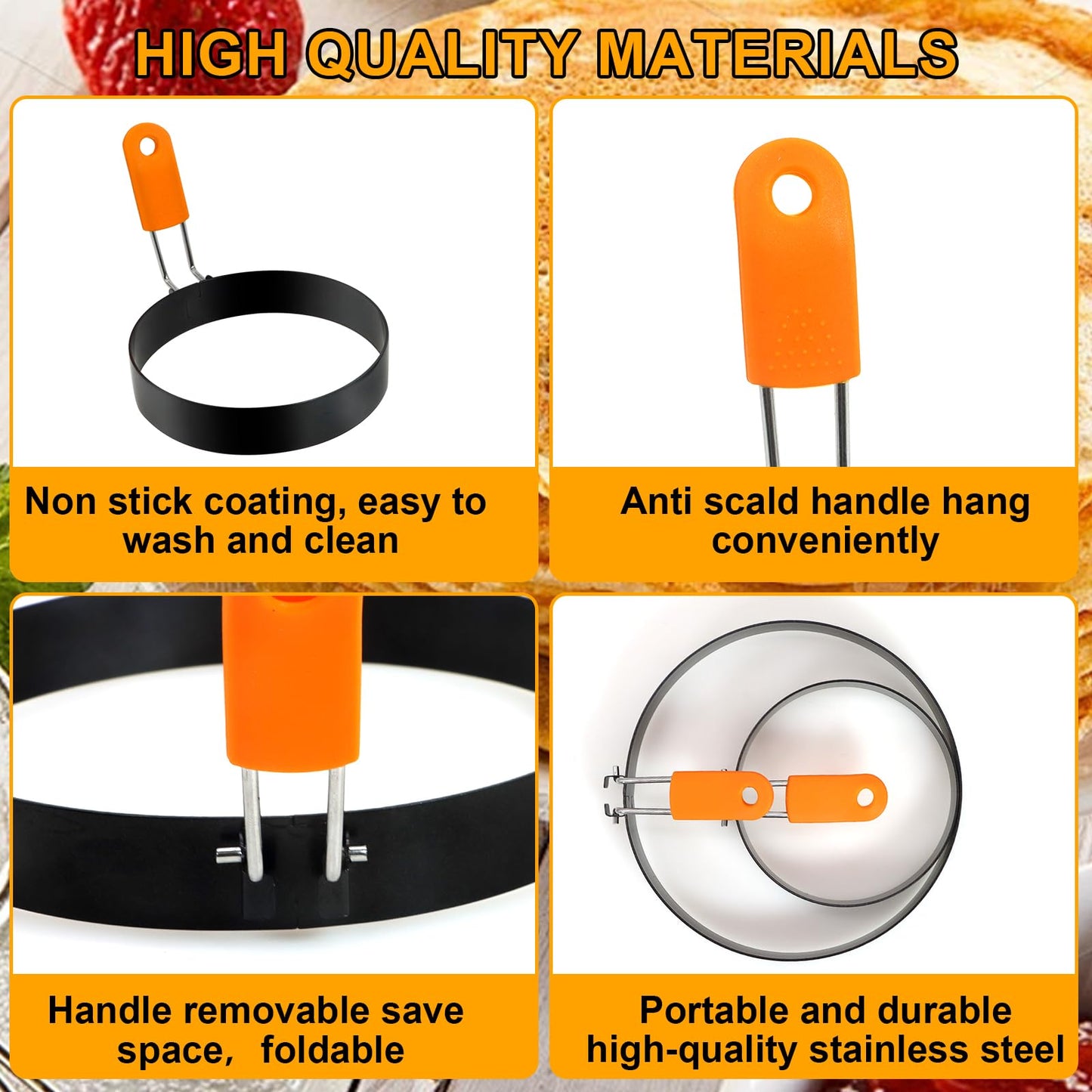 Egg Ring Pancake Ring Set 6 Pcs Stainless Steel Fried Egg Circles Pancake Shapers with Silicone Handle for Griddle Cooking Shaper Indoor Camping Breakfast Omelette Sandwich (4, 6 Inch)