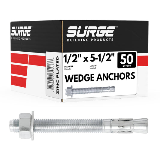 1/2" x 5-1/2" Zinc-Plated Wedge Anchors for Concrete and Cement | Heavy-Duty 1/2 Concrete Anchor Bolts (Box of 50)