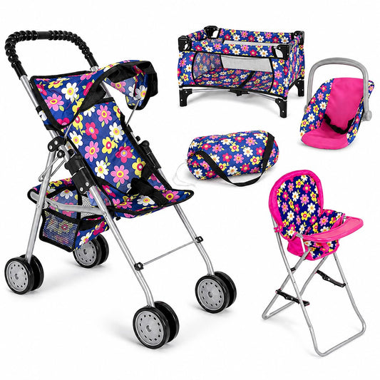 fash n kolor 4 Piece Baby Doll Play Set Flower Design Includes - Foldable Pack N Play, Baby Doll Stroller, Baby Doll High Chair, Infant Seat, Fits Up to 18'' Doll 4 Piece Doll Accessories Set