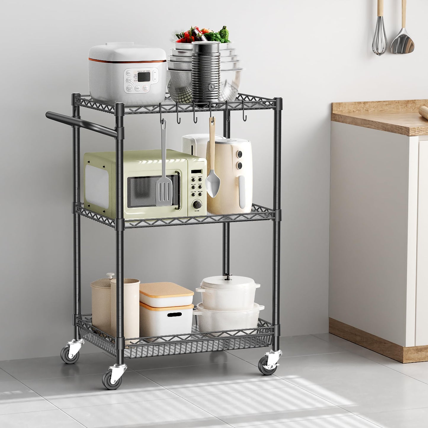 Rolling Utility Metal Carts with Wheels 3 Tier Heavy Duty Storage Cart 750Lbs Capacity Adjustable Kitchen Organizer Cart with Handle & Shelf Liner Commercial Grade Trolley for Indoor & Outdoor Use