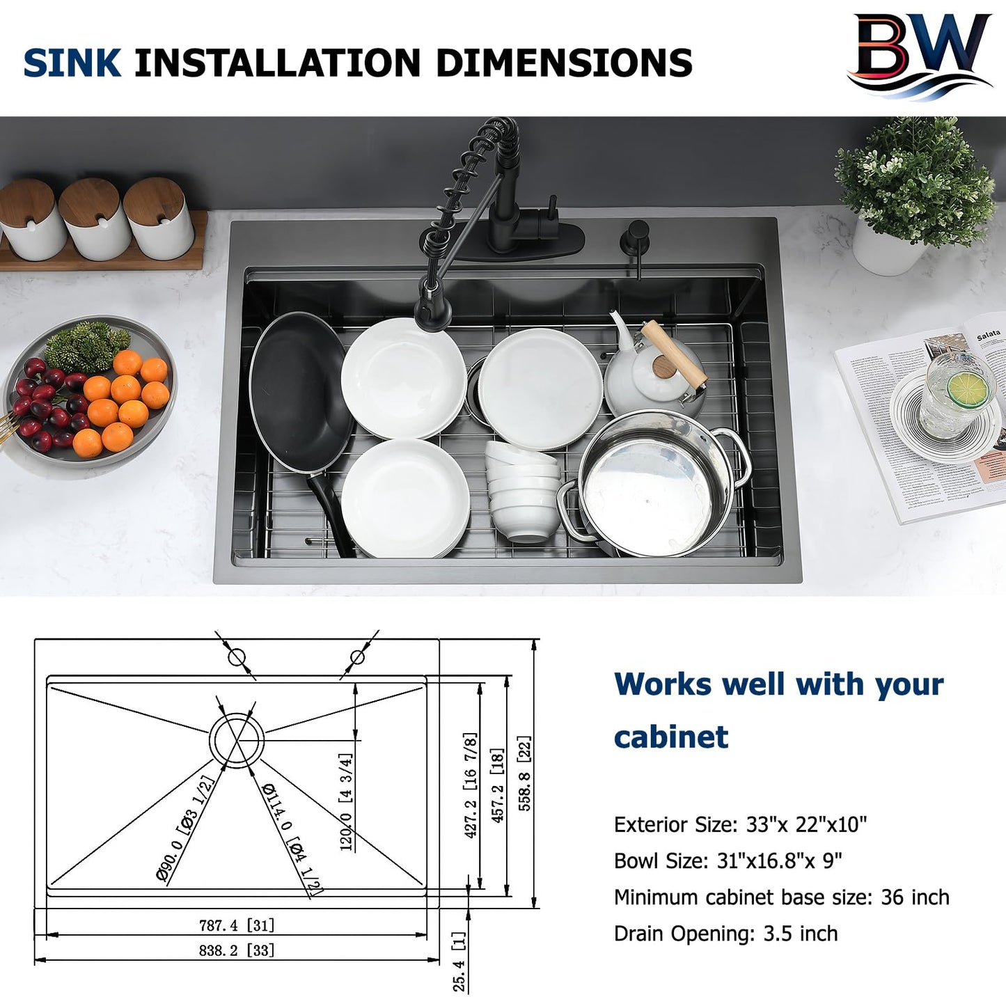 BWXIAOC 33 x 22 Drop In Kitchen Sink Black Workstation - 16 Gauge Stainless Steel Sinks Handmade 10 Inch Deep Single Bowl Kitchen Sink Top Mount Easy to Clean