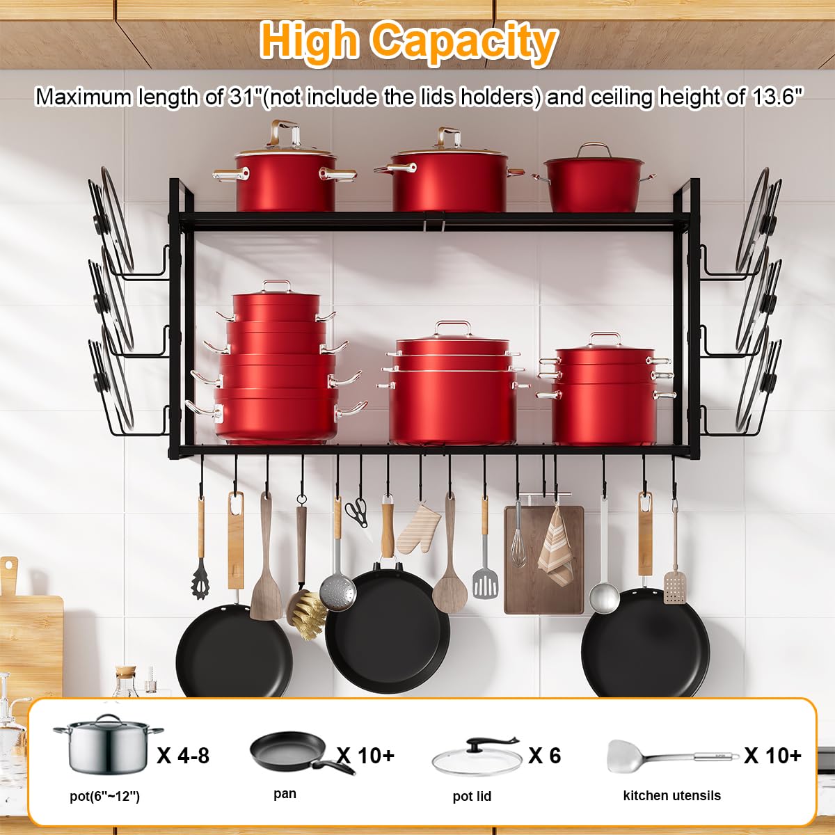 Homics 31 Inch Pot Rack Wall Mounted, 2-Tier Hanging Pots and Pans Organizer Expandable Heavy Duty Kitchen Shelves with 6 Pot Lid Holders and 12 Hooks for Kitchen Cookware Utensils Storage
