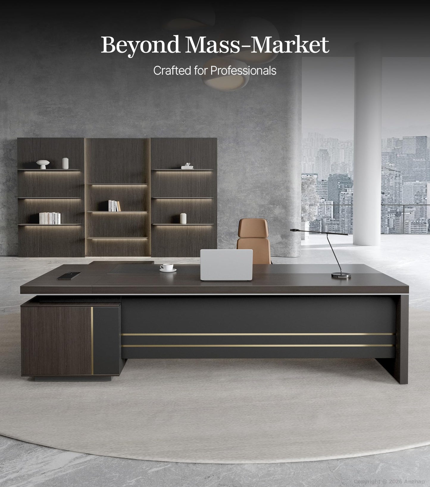 Anzhap 79" L-Shaped Executive Desk with Power Outlets & Reversible Return, Luxury Office Desk with Drawers, Storage Shelves and Ventilated CPU Compartment for Home and Office (79" L x 65" W x 30" H)