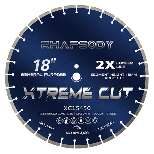 RHAPSODY 18 Inch Diamond Saw Blade - Segmented General Purpose for Dry/Wet Cutting Concrete, Reinforced Concrete, Masonry, Brick, Block - 1" Arbor