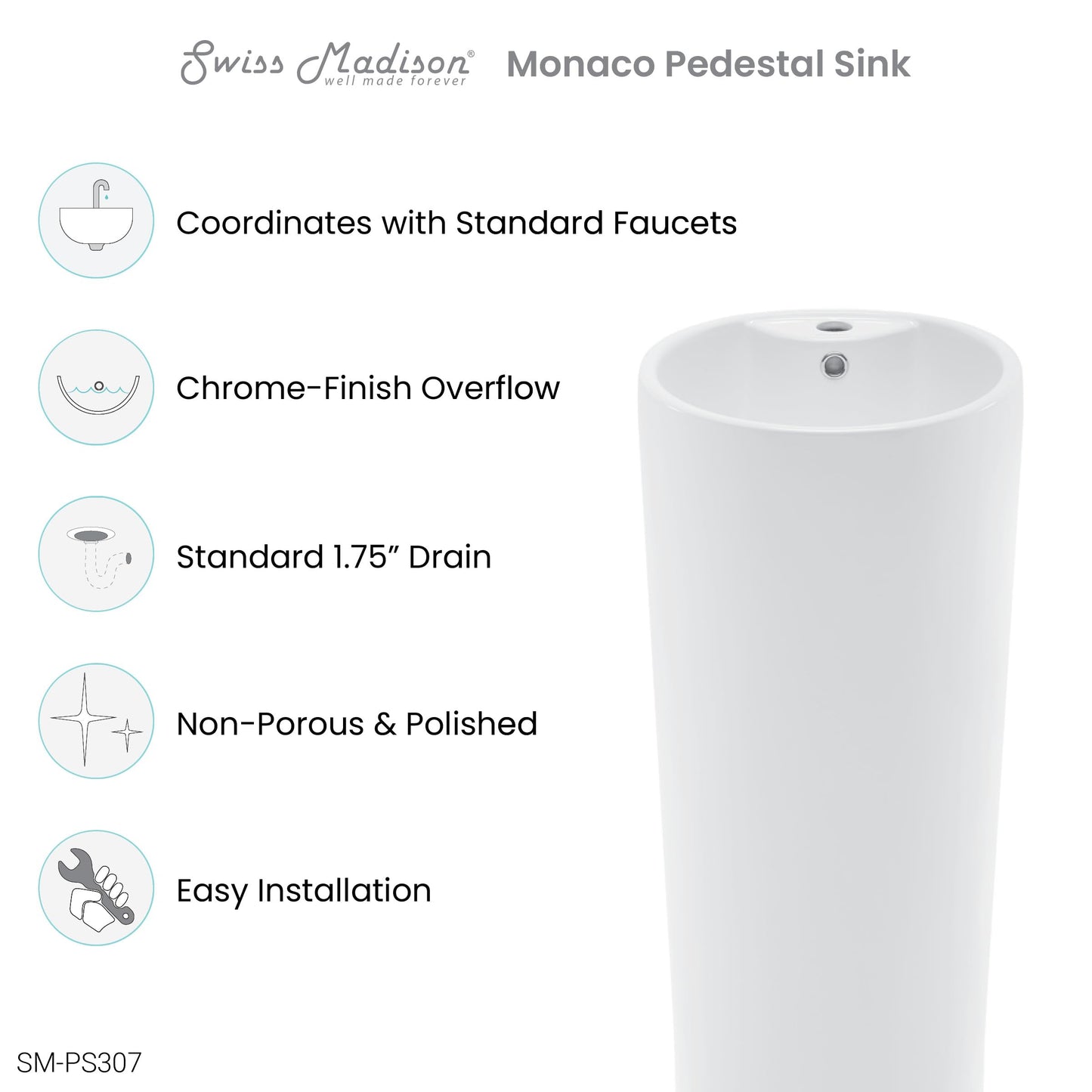 Swiss Madison Well Made Forever SM-PS307, Monaco Circular Pedestal Sink, Glossy White