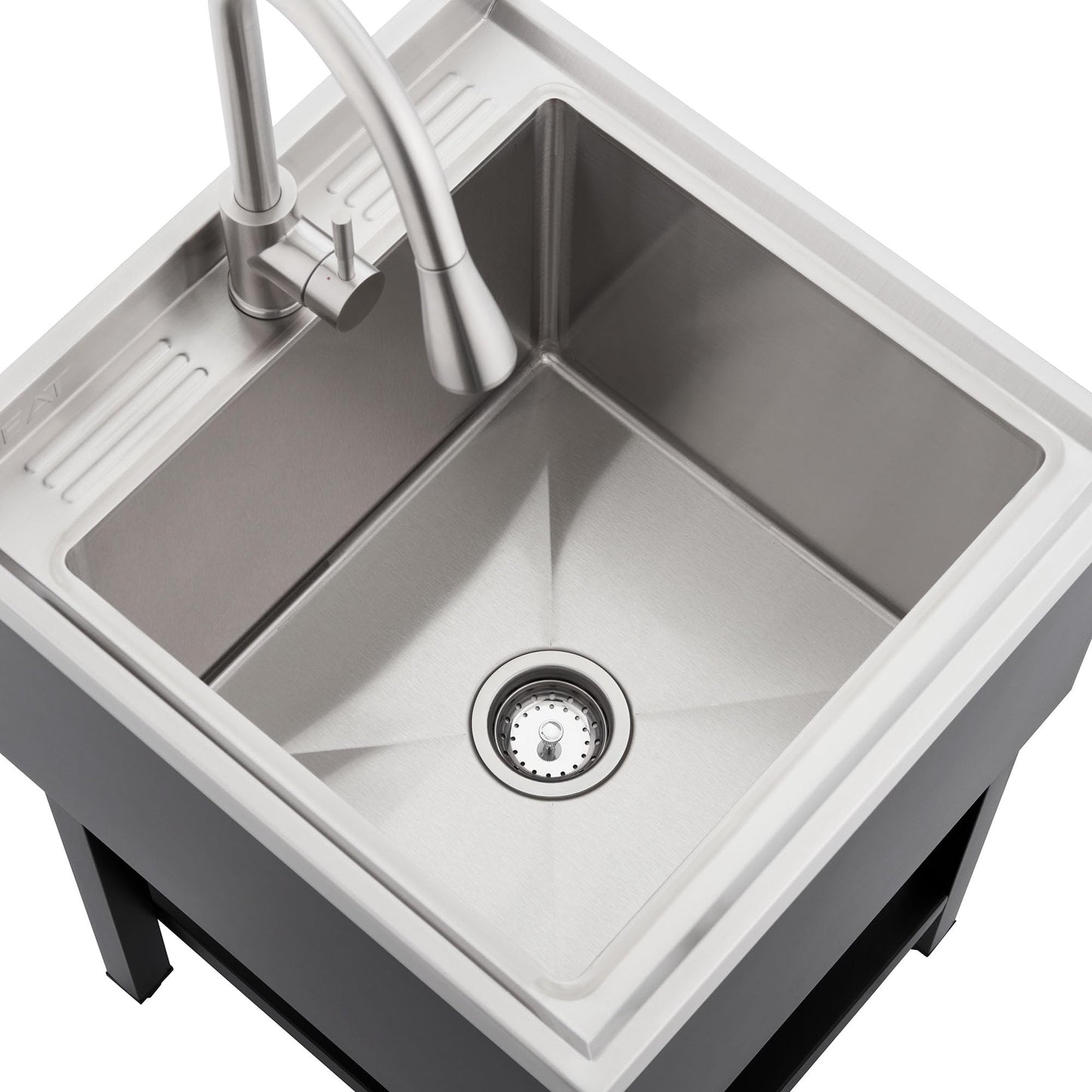 NEAT by TRINITY Stainless Steel Utility Sink, Freestanding Single Bowl Small Utility Sink with Pull-Out Faucet for Garage, Laundry Room, Shop, NSF Certified, 22"W x 22"D x 50"H, Black