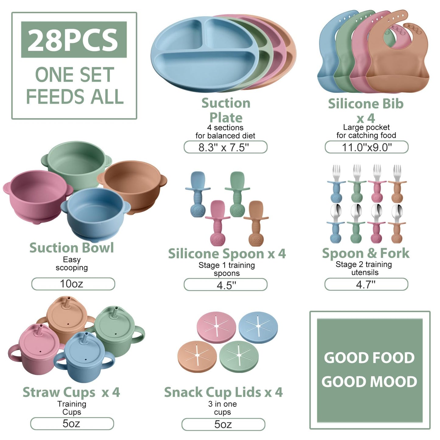 Yinder 32 Pack Silicone Baby Feeding Set Baby LED Weaning Supplies Includes Suction Divided Plates Soft Bowl Spoons Forks Adjustable Bib Snack Cup with Lid and Straws(Bright Color)