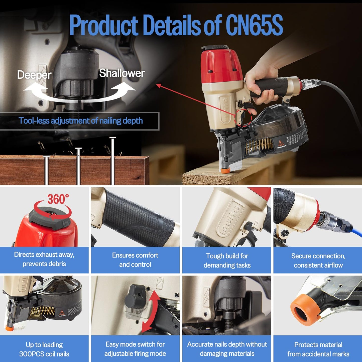 meite CN65S Coil Siding Nailer with 15 Degree Siding Nails 3" x .120" - Pneumatic Nail Gun with 360° Exhaust & Safety Lock for Roofing Fencing Decking