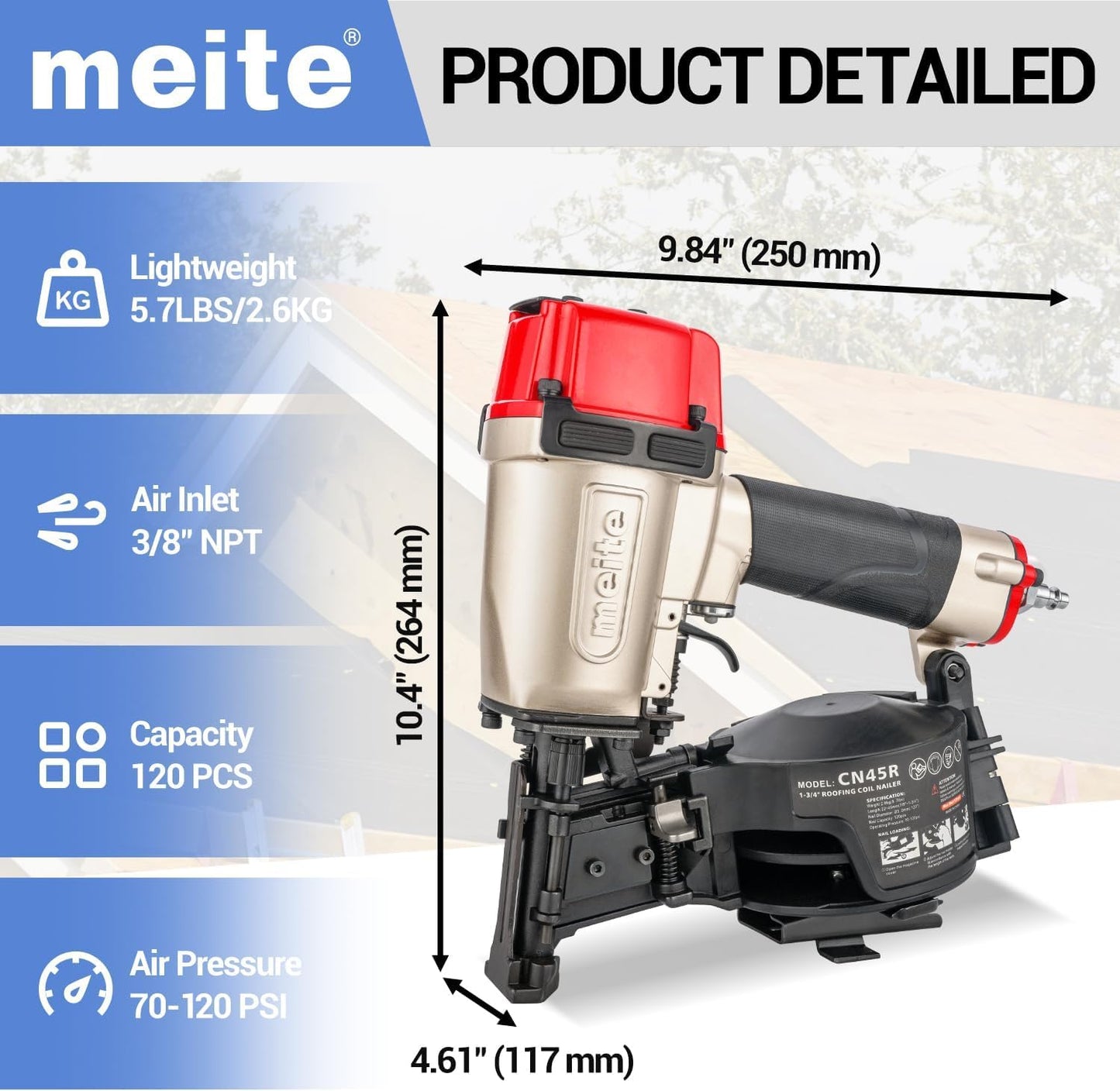 meite CN45R Coil Roofing Nailer Kit with 1-Inch Coil Roofing Nails, Pneumatic Roofing Nail Gun for Asphalt Shingles Underlayment Decking Roof Repair, 2,880PCS
