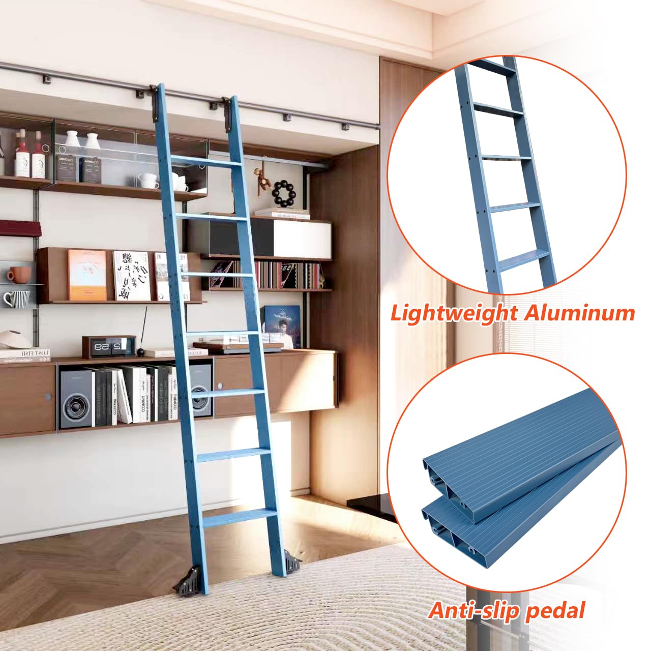 DIYHD 87" Sliding Library Ladder with 7 Steps, Telescopic Top Hook, Lightweight Rolling Ladder with Upright Space-Saving Storage, Kit with 4FT Sliding Rail, Bottom Rollers, 300lbs Capacity, Blue