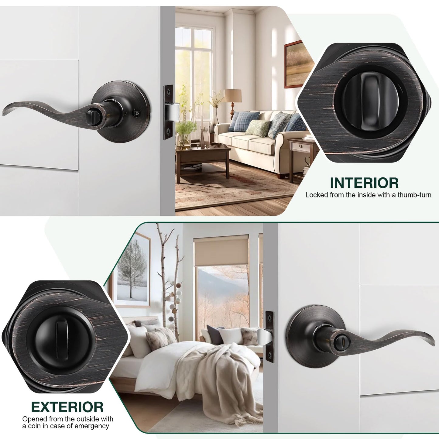 GOBEKOR 4 Pack Privacy Door Levers - Oil Rubbed Bronze Keyless Handles for Bedroom and Bathroom - Bronze Wave Interior Handle With Lock