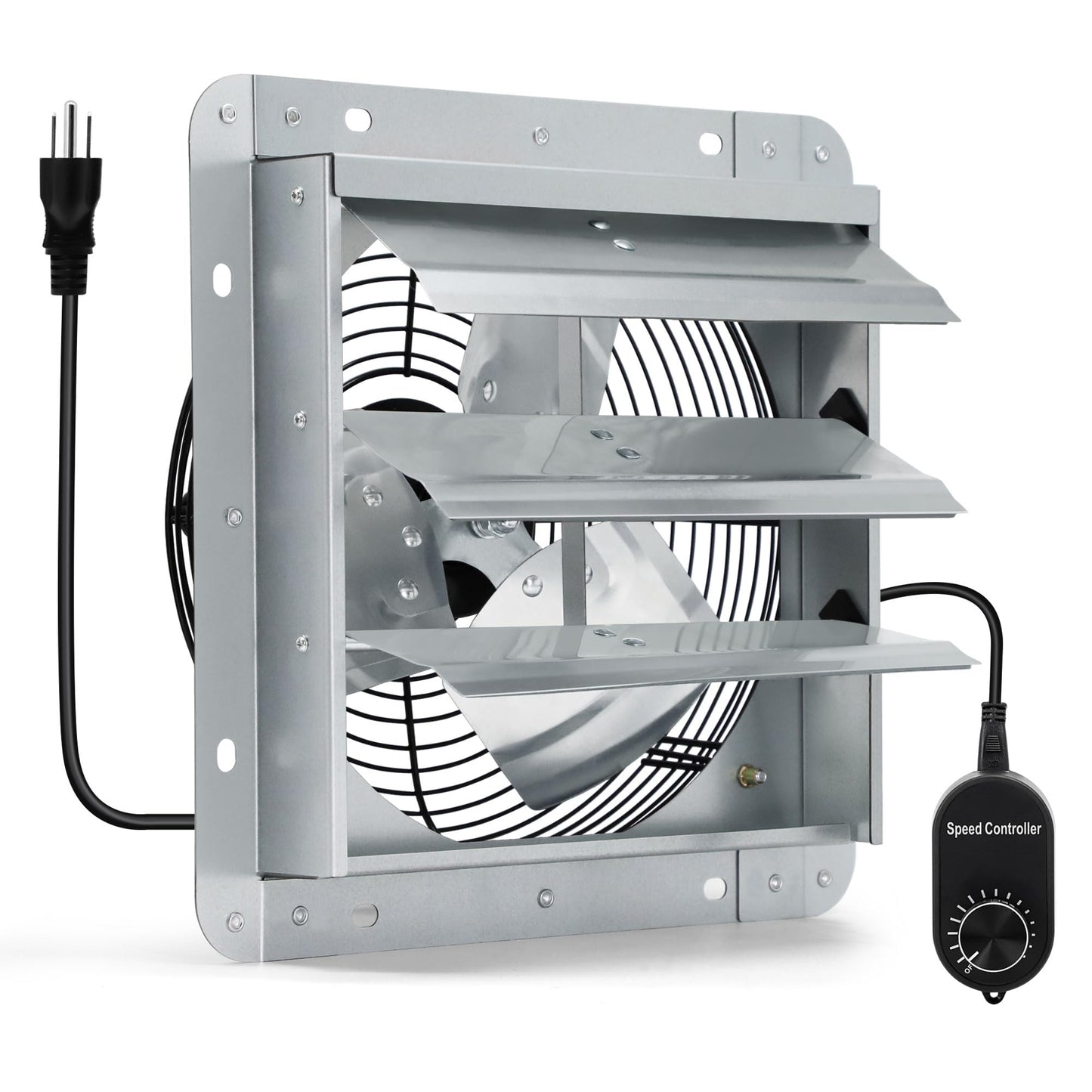 Hipoilk 7 Inch Shutter Exhaust Fan with Speed Controller and Power Cord, Wall Mount Attic Fan for Greenhouses, Sheds, Garages, Chicken Coops, Barns Ventilation, 760 CFM