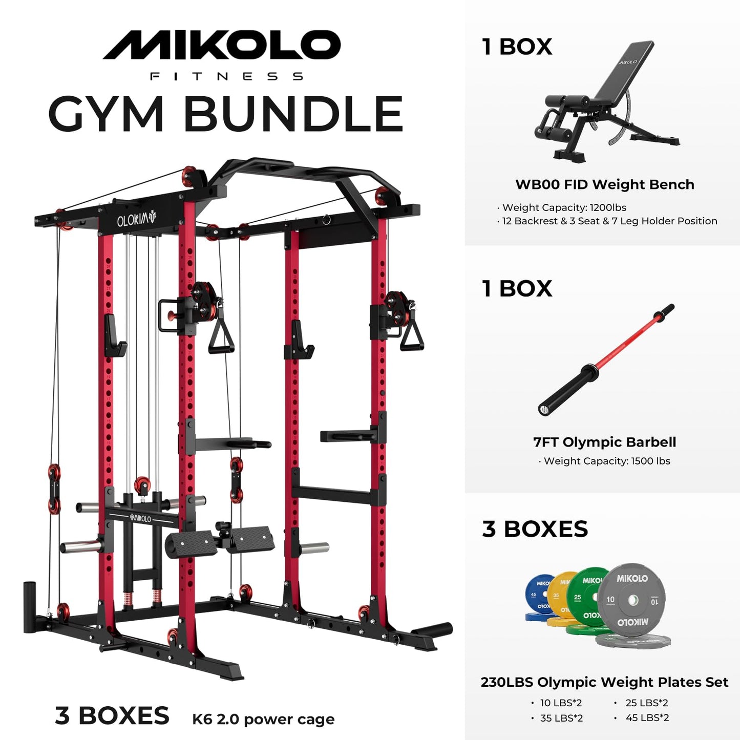 Mikolo K6 2.0 Power Cage, Power Rack with Cable Crossover System, 2000LBS Squat Rack with LAT Pull Down System, Functional Trainer with Aluminum Pulley System for Home Gym, Red, 230LB Color Weights