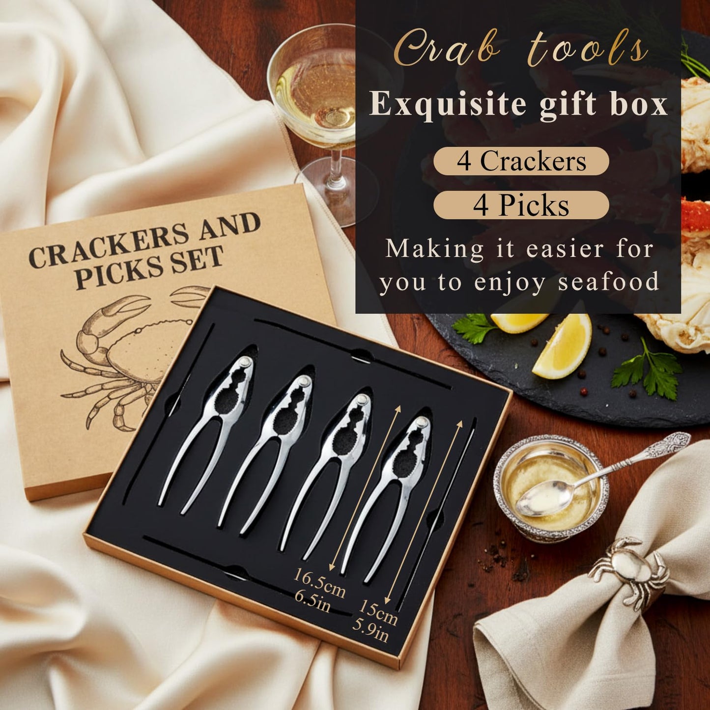 Pangda Crab Crackers and Tools Set with Gift Box Including 4 Lobster Crackers and 4 Seafood Forks Kit Professional Seafood Tools Set Crab Leg Cracker Tool Christmas Gifts