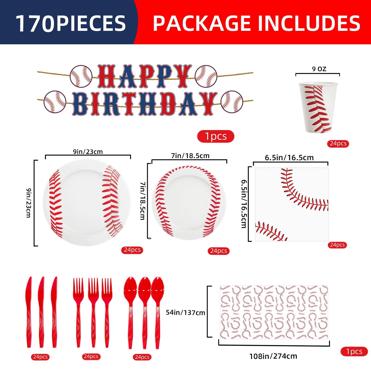 170 Pcs Baseball Paper Plates and Napkins Set, Baseball Themed Party Supplies Decorations With Banner Tablecloth Cup and Forks Favors For Sport Themed Birthday Party Favors Serves 24