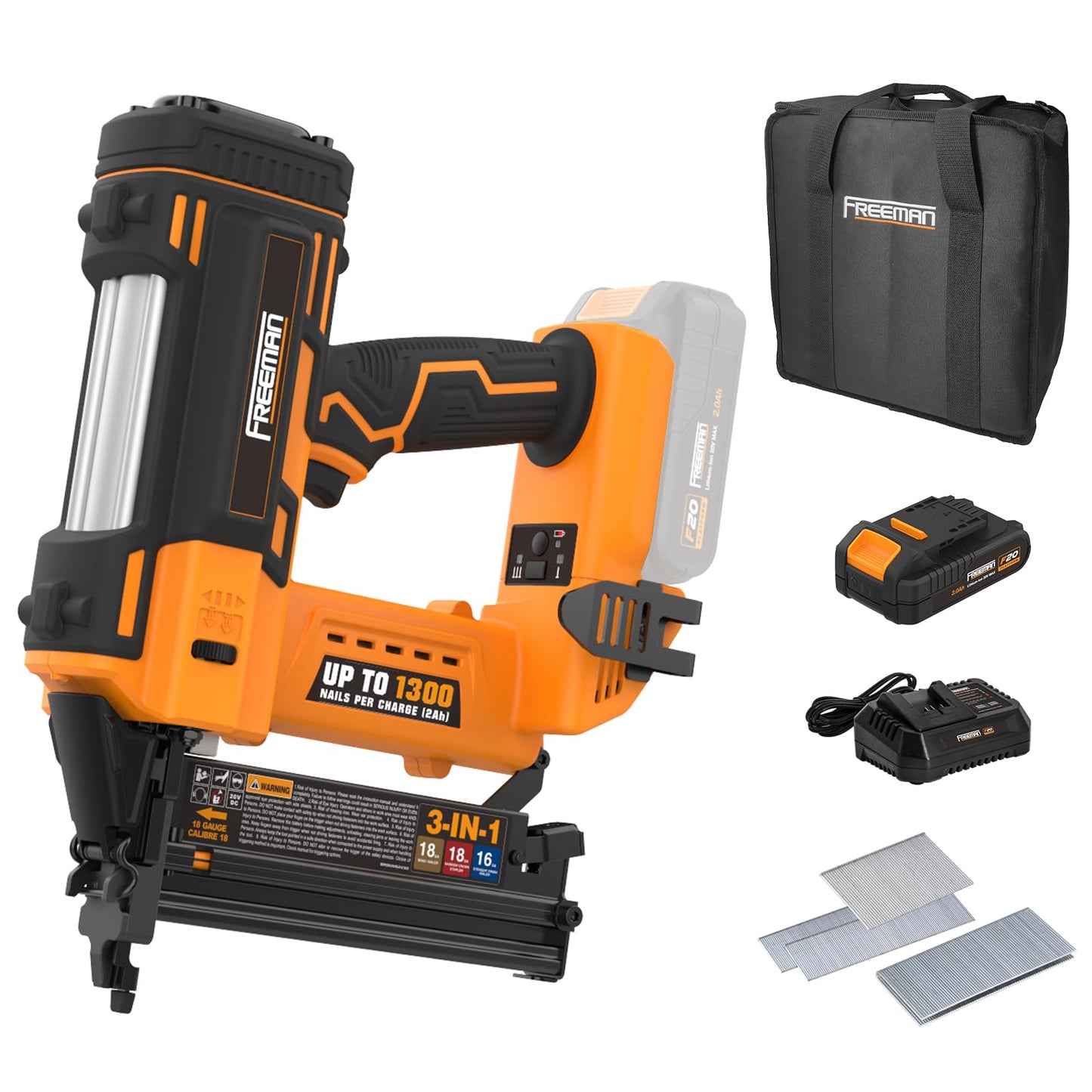 Freeman PE20V31618G 20 Volt Cordless 3-in-1 16 and 18 Gauge Nailer/Stapler Kit with Lithium Ion Battery, Charger, Bag, and Fasteners (600 Count) – 1300 Shots Per Charge