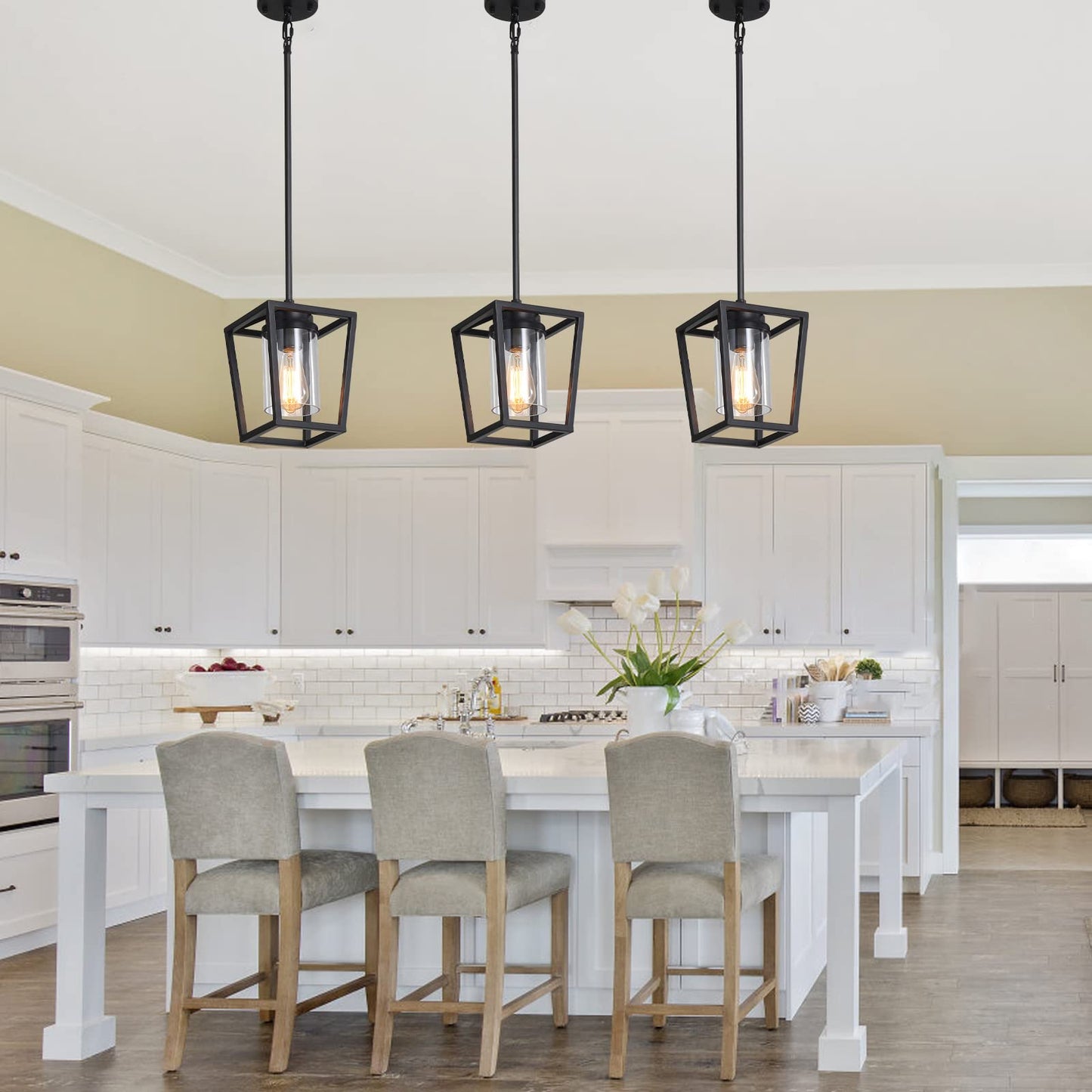 SGLfarmty 1-Light Black Pendant Lights Kitchen Island, Modern Farmhouse Cage Metal Adjustable Lantern Hanging Light Fixture with Glass Shade for Over Sink Dining Room Entryway Hallway