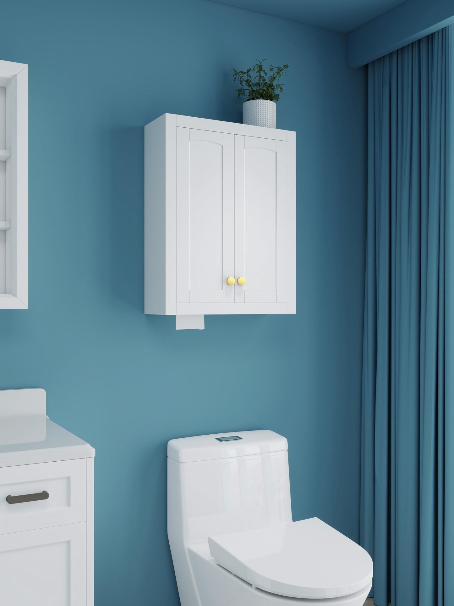 Over The Toilet Cabinet, Bathroom Storage Cabinet with Bottom Tissue Dispenser, 22"x28" Bathroom Wall Cabinet with Adjustable Shelves & Soft Close Doors, Above Toilet Cabinet with Gold Handles, White